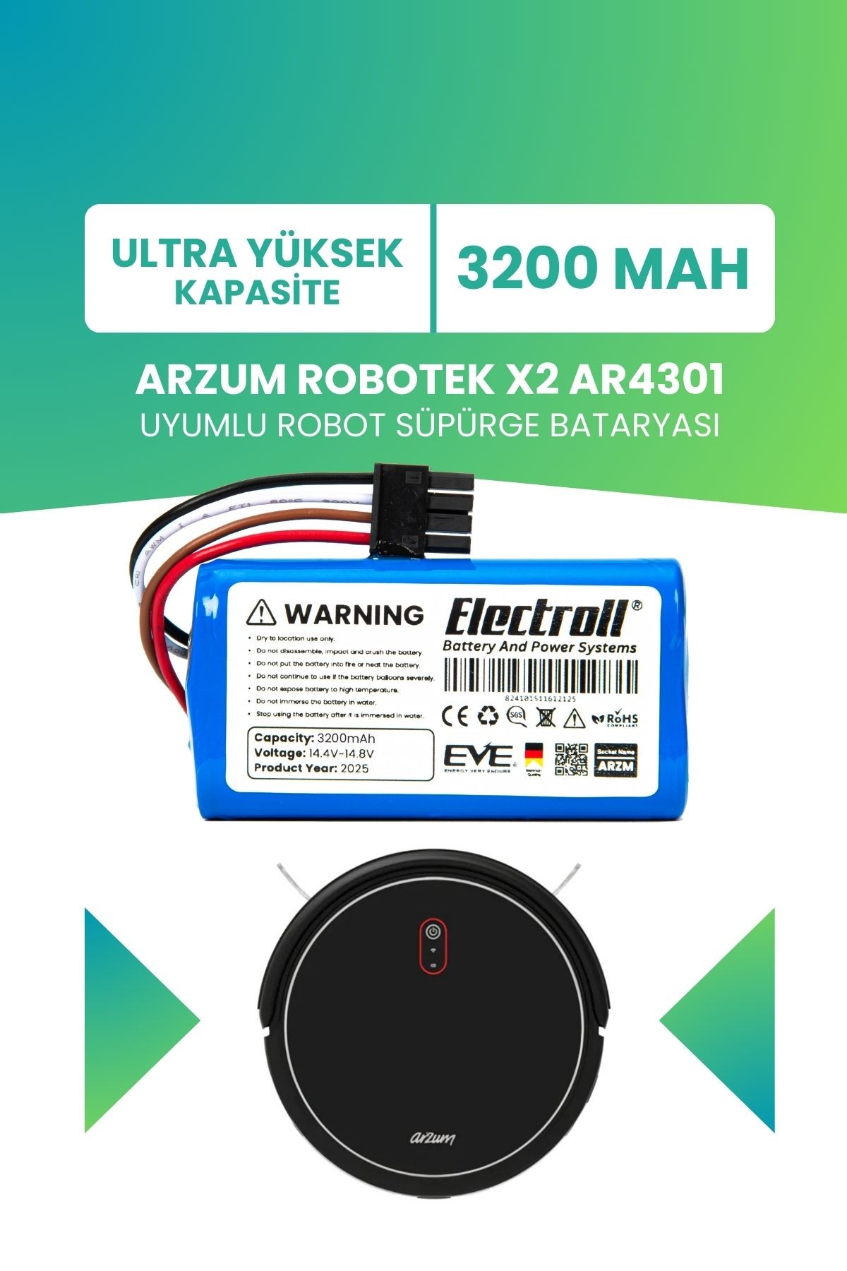 Arzum Robotek X2 Ar4301 Uyumlu Batarya (ULTRA YÜKSEK KAPASİTE) 3200mah Pil Robot Süpürge Bataryası