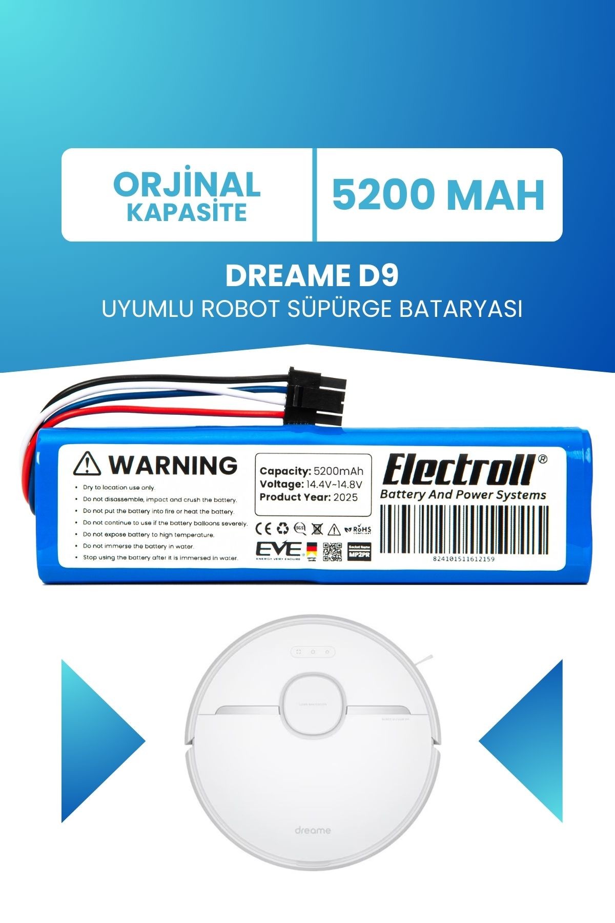 Dreame D9 Uyumlu Batarya (ORJİNAL KAPASİTE) 5200mah Pil Robot Süpürge Bataryası Değişimi