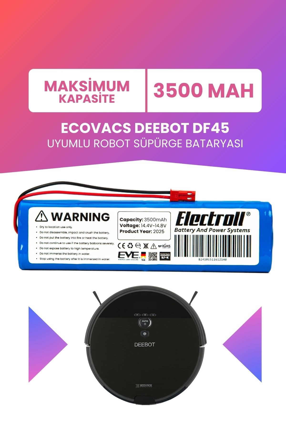 Ecovacs Deebot DF45 Uyumlu Batarya (MAKSİMUM KAPASİTE) 3500mah Pil Robot Süpürge Bataryası Değişimi