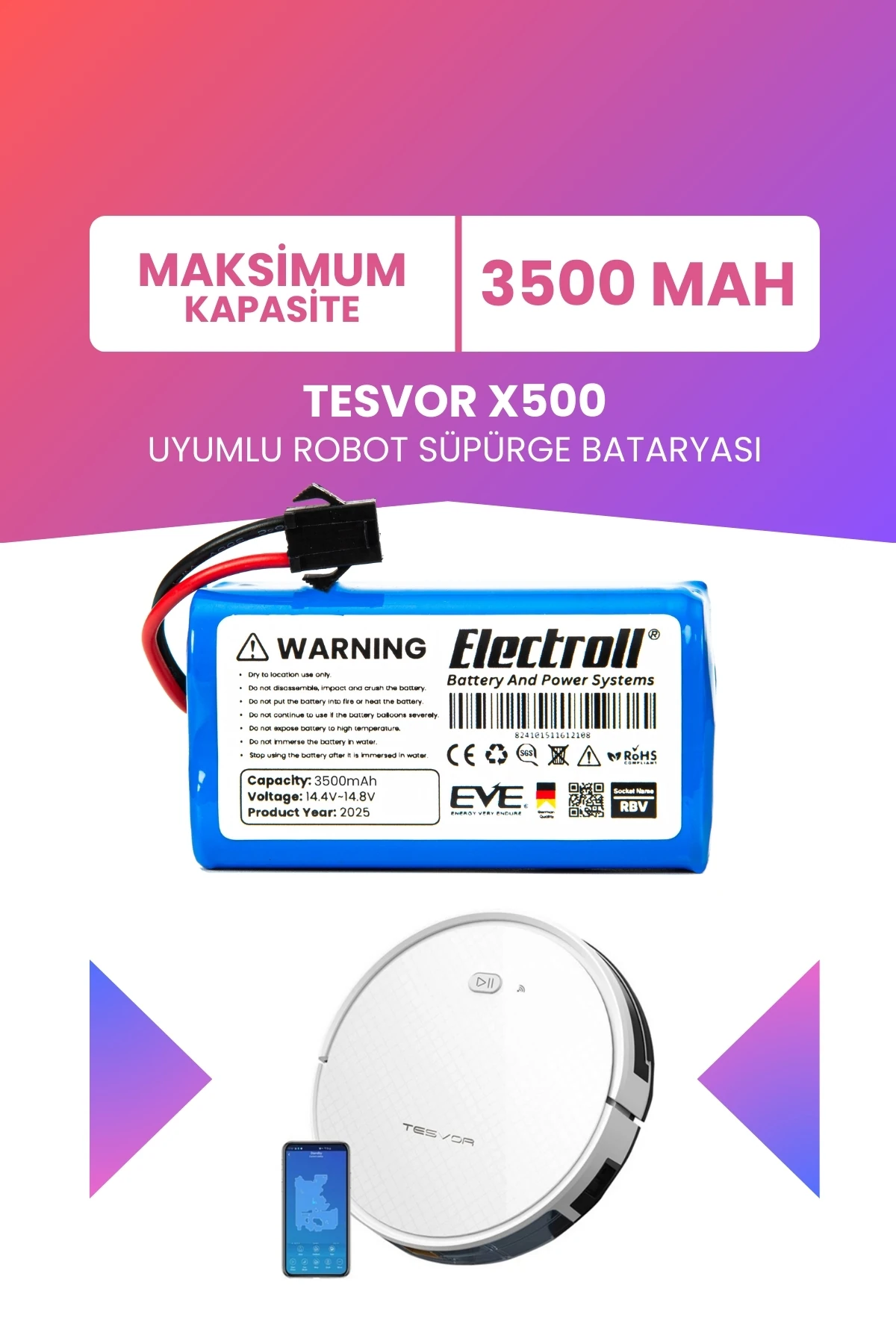 Tesvor X500 Uyumlu Batarya (MAKSİMUM KAPASİTE) 3500mah Pil Robot Süpürge Bataryası