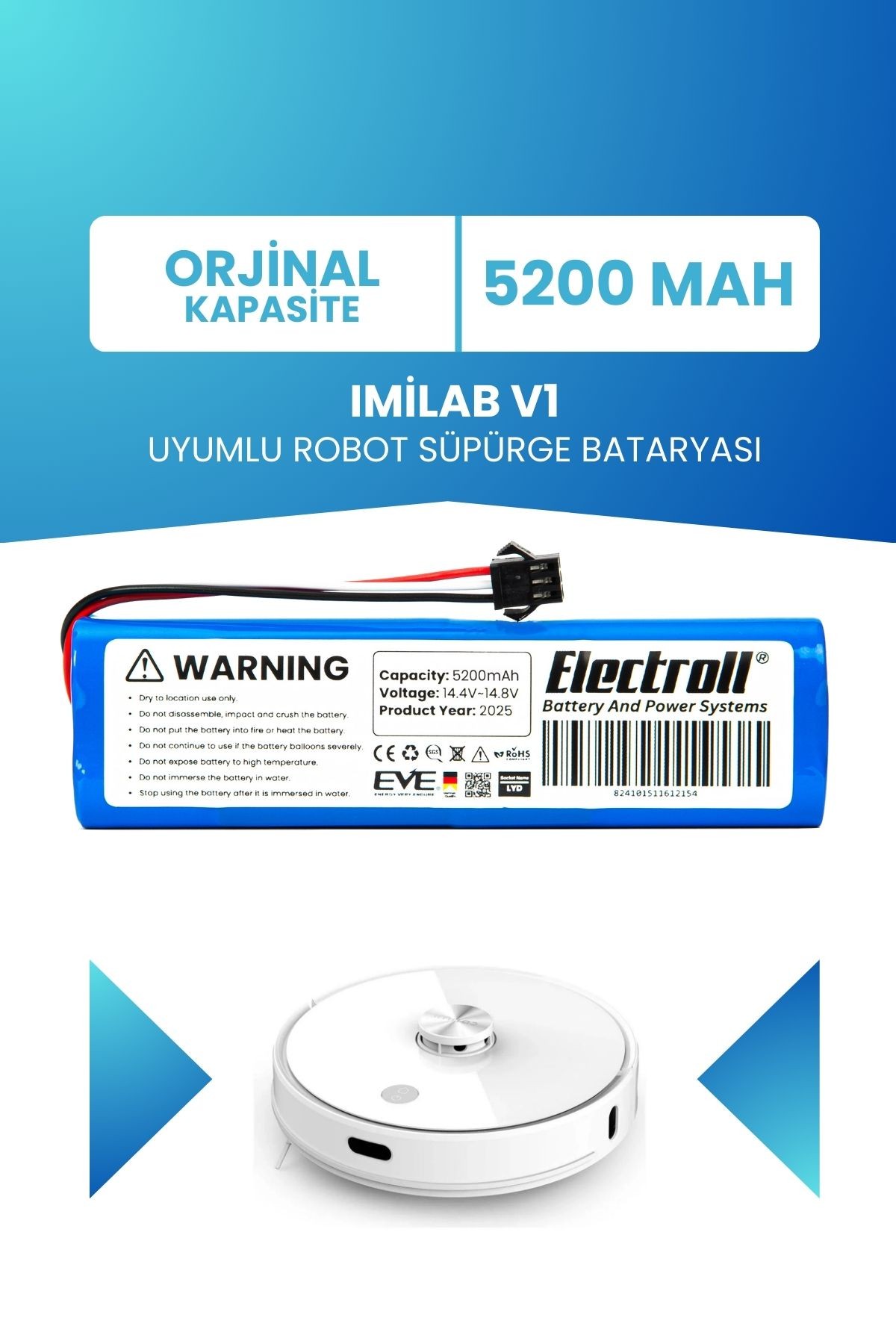 Imilab V1 Uyumlu Batarya (ORJİNAL KAPASİTE) 5200mah Pil Robot Süpürge Bataryası Değişimi Cmsdj707a
