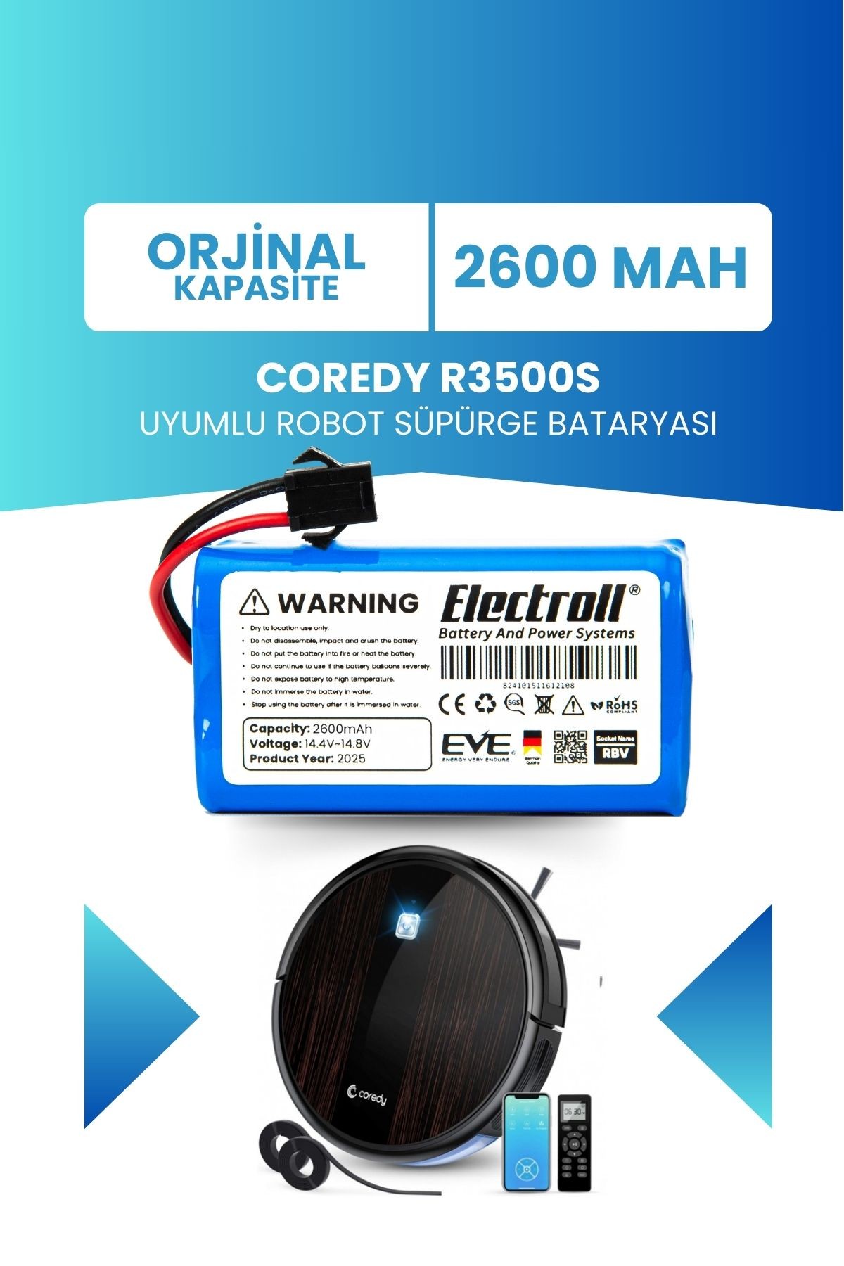 Coredy R3500s Uyumlu Batarya (ORJİNAL KAPASİTE) 2600mah Pil Akıllı Robot Süpürge Bataryası