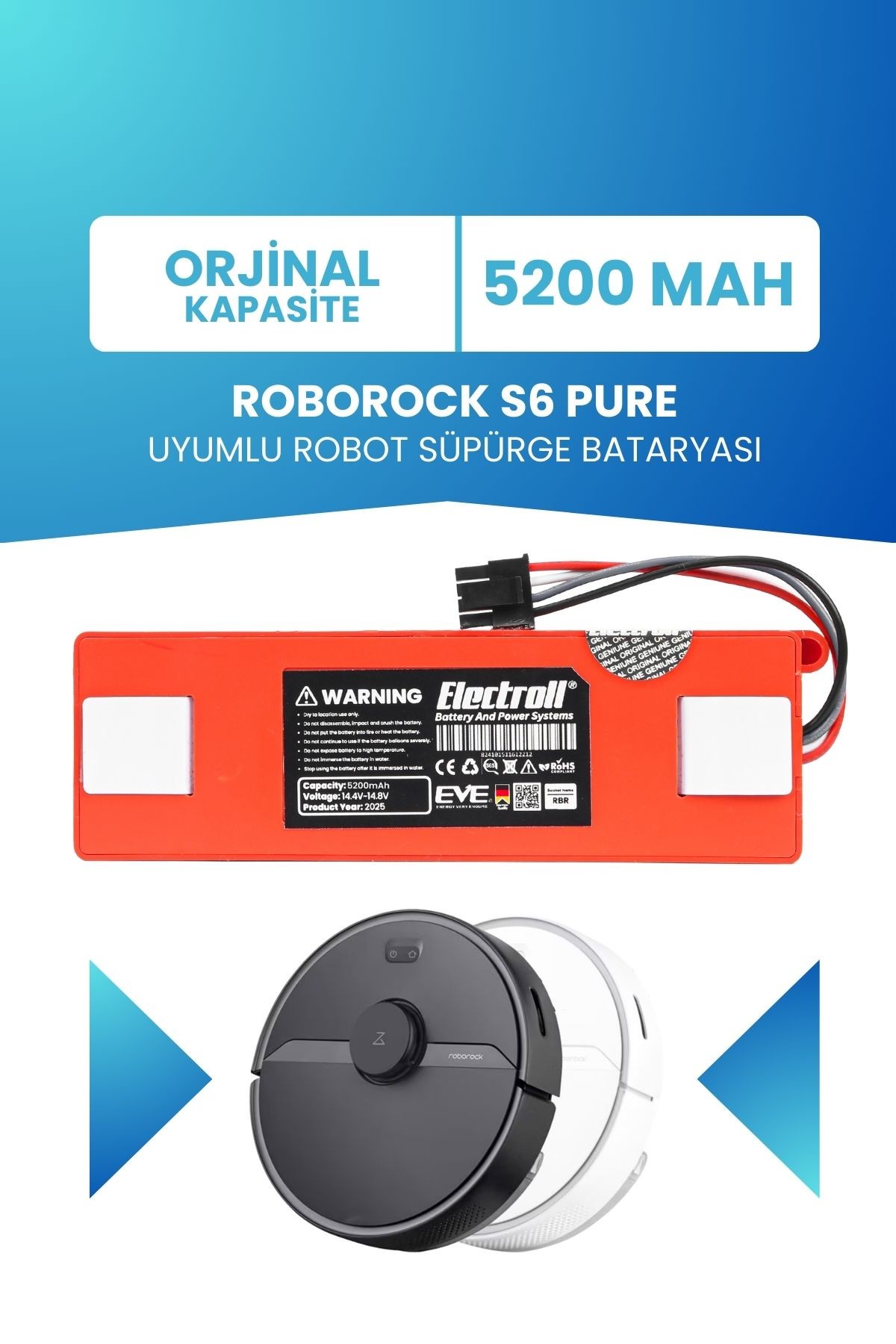 Roborock S6 Pure Uyumlu Batarya (ORJİNAL KAPASİTE) 5200mah Kutulu Robot Süpürge Pil Değişimi