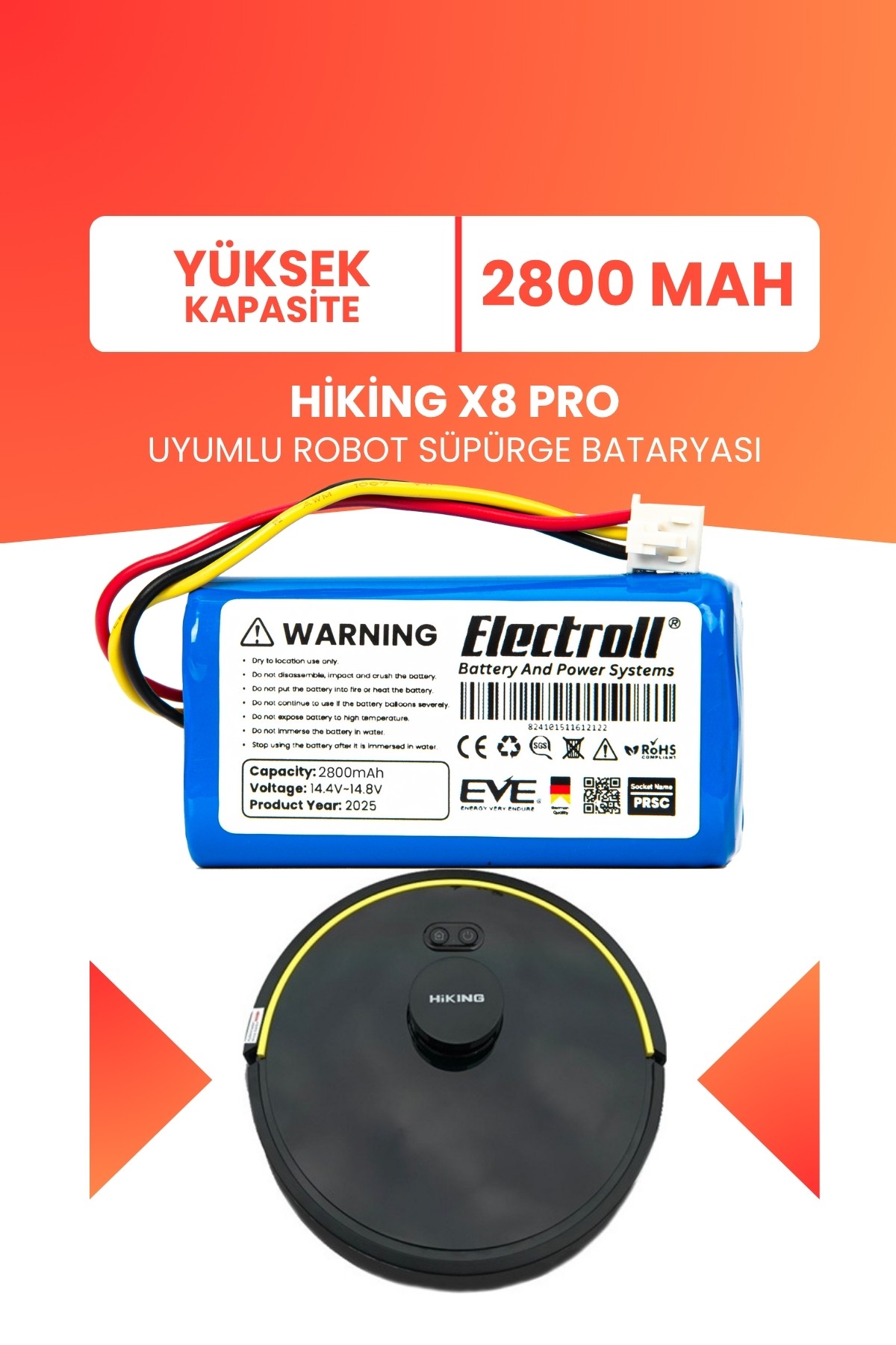 Hiking X8 Pro Uyumlu Batarya (YÜKSEK KAPASİTE) 2800mah Pil Robot Süpürge Bataryası