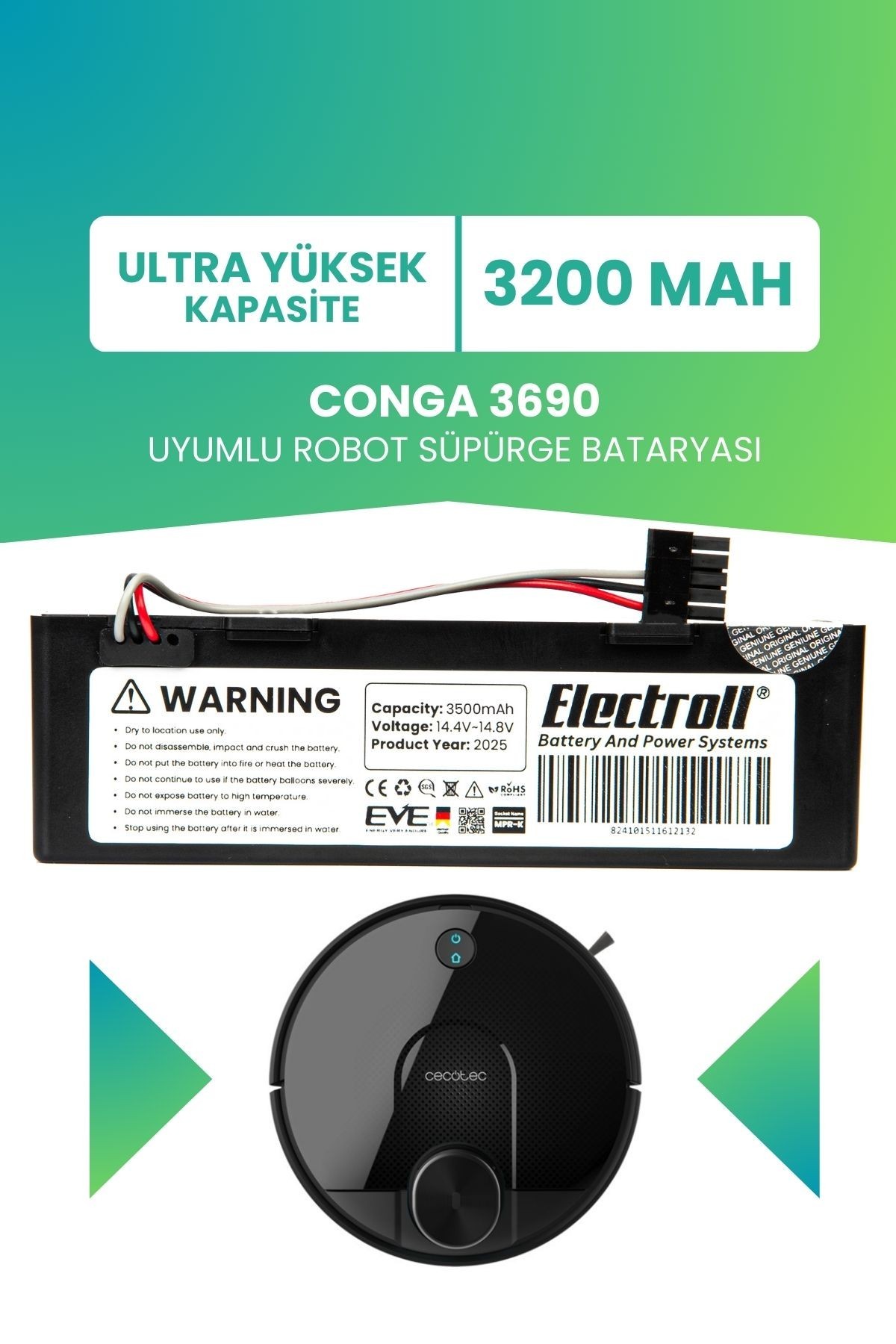 Conga 3690 Uyumlu Batarya (ULTRA YÜKSEK KAPASİTE) 3200mah Kutulu Robot Süpürge Bataryası Değişimi