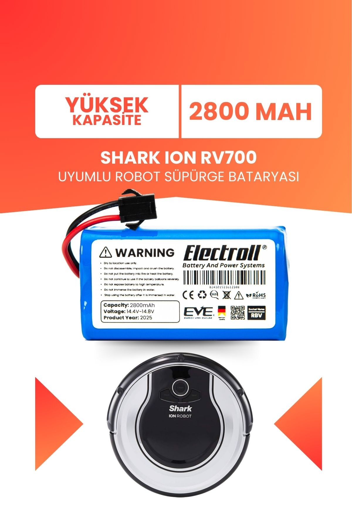 Shark Ion Rv700 Uyumlu Batarya (YÜKSEK KAPASİTE) 2800mah Pil Robot Süpürge Bataryası