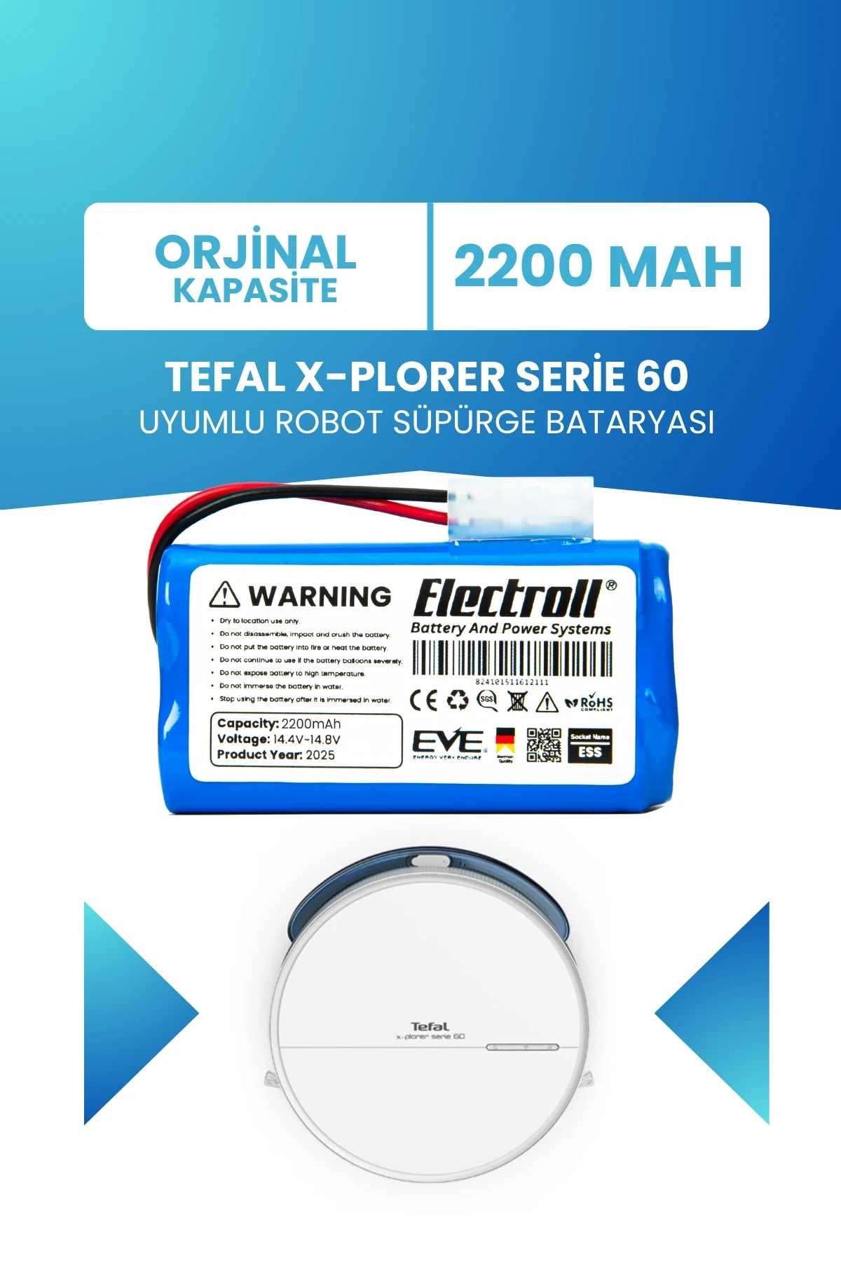 Tefal X-Plorer Serie 60 Uyumlu Batarya (STANDART KAPASİTE) 2200mah Pil Robot Süpürge Bataryası