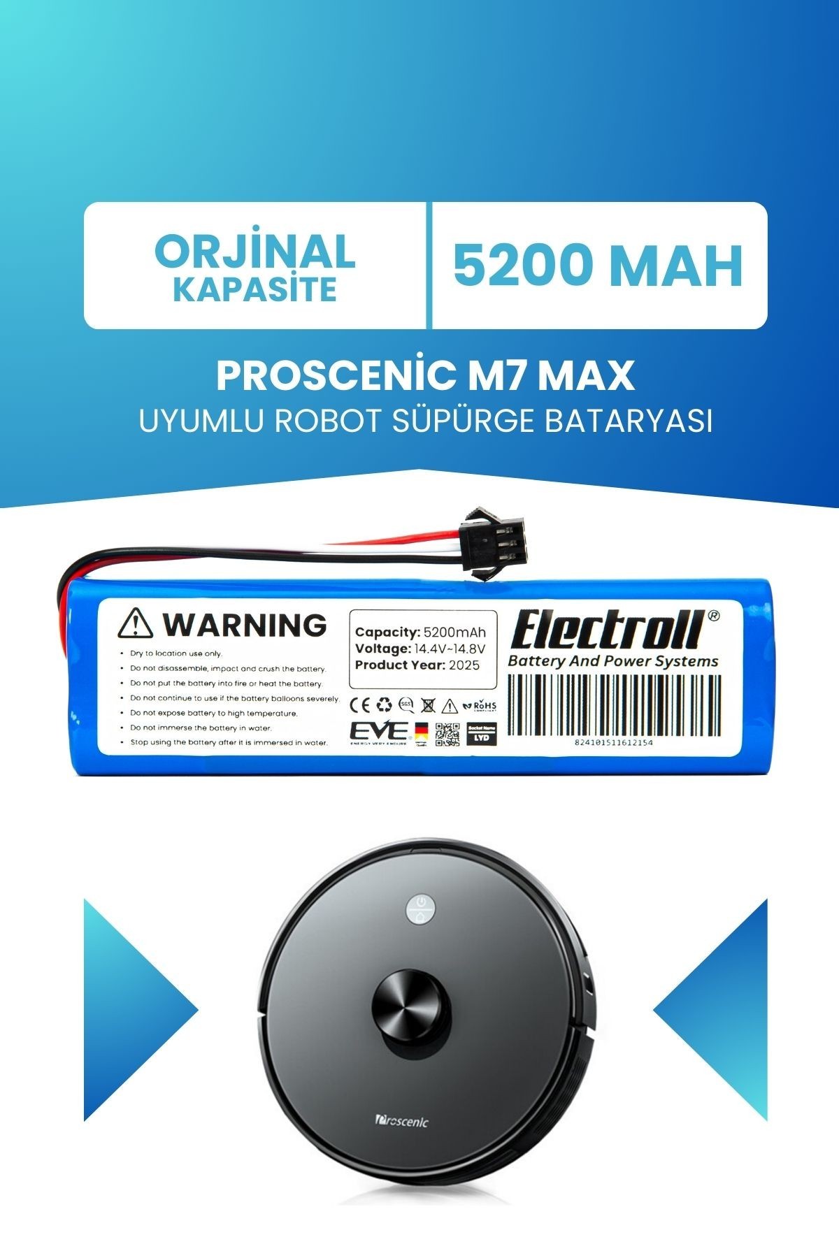 Proscenic M7 Max Uyumlu Batarya (ORJİNAL KAPASİTE) 5200mah Pil Robot Süpürge Bataryası Değişimi