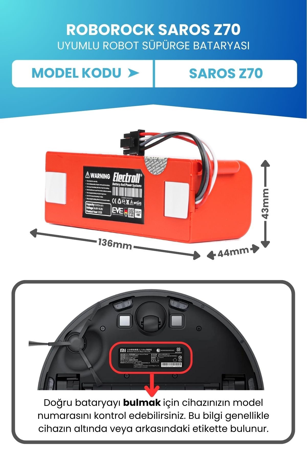 ROBOROCK SAROS Z70 Uyumlu Batarya (Orjinal Kapasite) 5200MAH Pil Robot Süpürge Batarya Değişimi