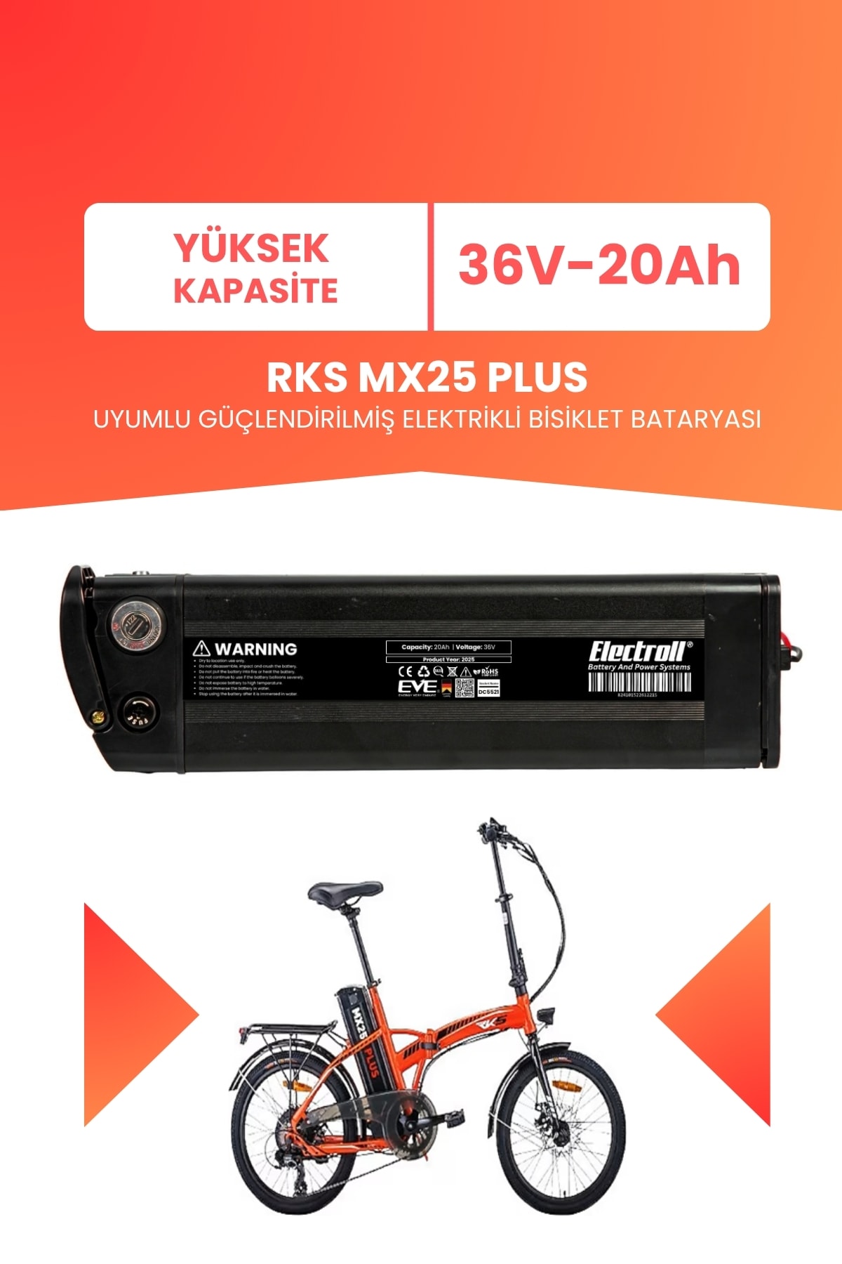 RKS MX25 PLUS Uyumlu 36V 20Ah (Yüksek Kapasite) Güçlendirilmiş Elektrikli Bisiklet Batarya Tamir, Revizyon ve Pil Yenileme