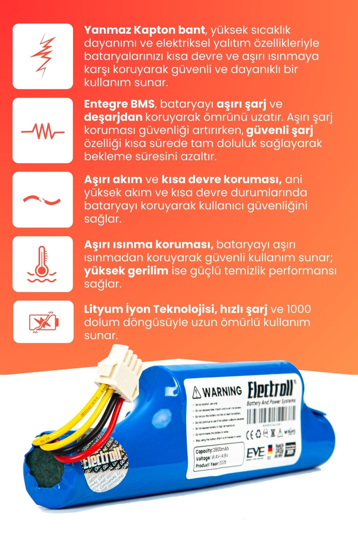 BEKO RS 2121 Uyumlu Batarya (YÜKSEK KAPASİTE) 2800mah Pil Robot Süpürge Bataryası Değişimi