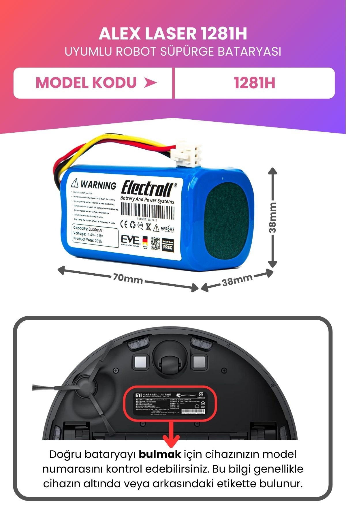 Alex Laser 1281h Uyumlu Batarya (MAKSİMUM KAPASİTE) 3500mah Pil Robot Süpürge Bataryası Değişimi