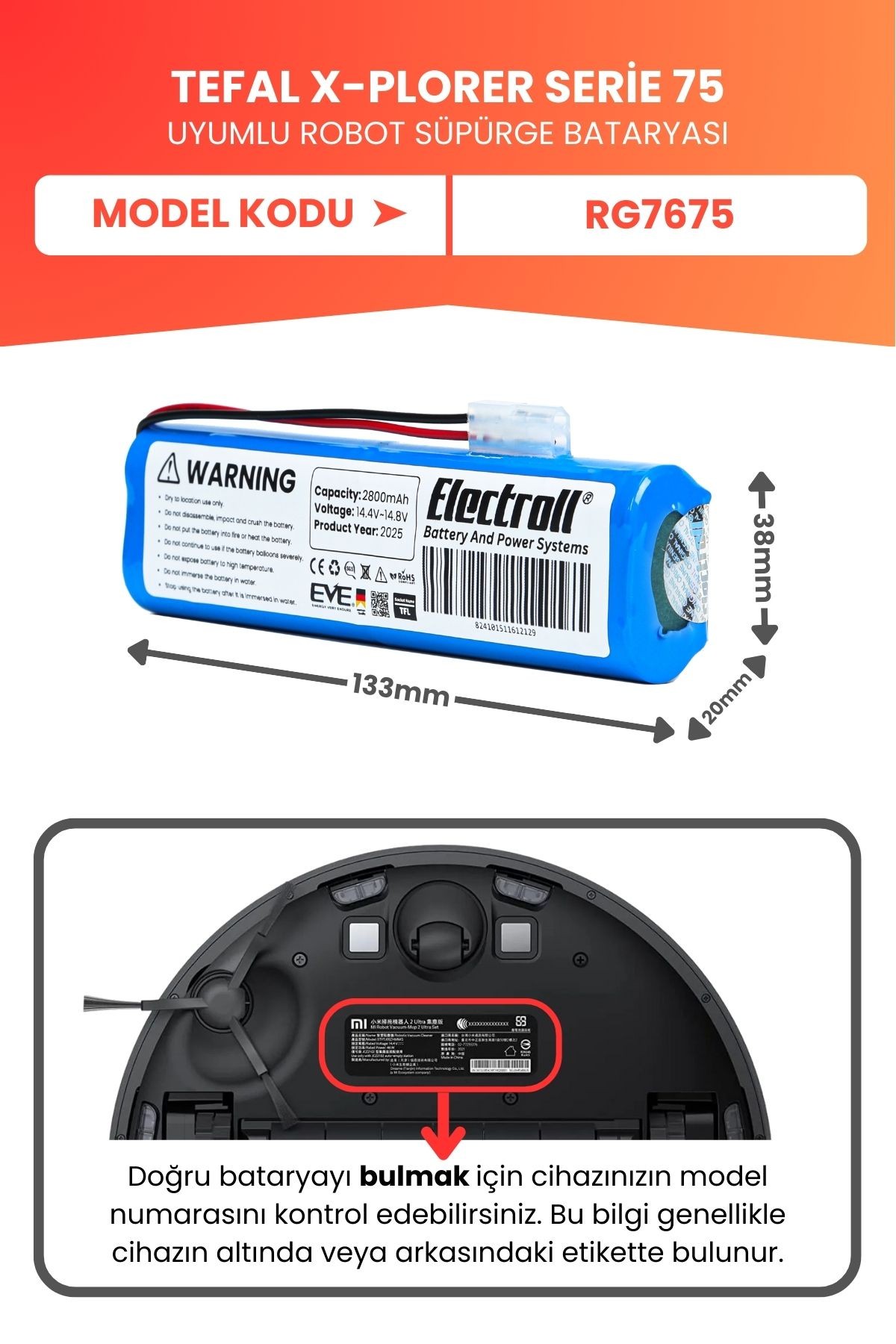 Tefal X-Plorer Serie 75 Uyumlu Batarya (YÜKSEK KAPASİTE) 2800mah Pil Robot Süpürge Bataryası RG7675