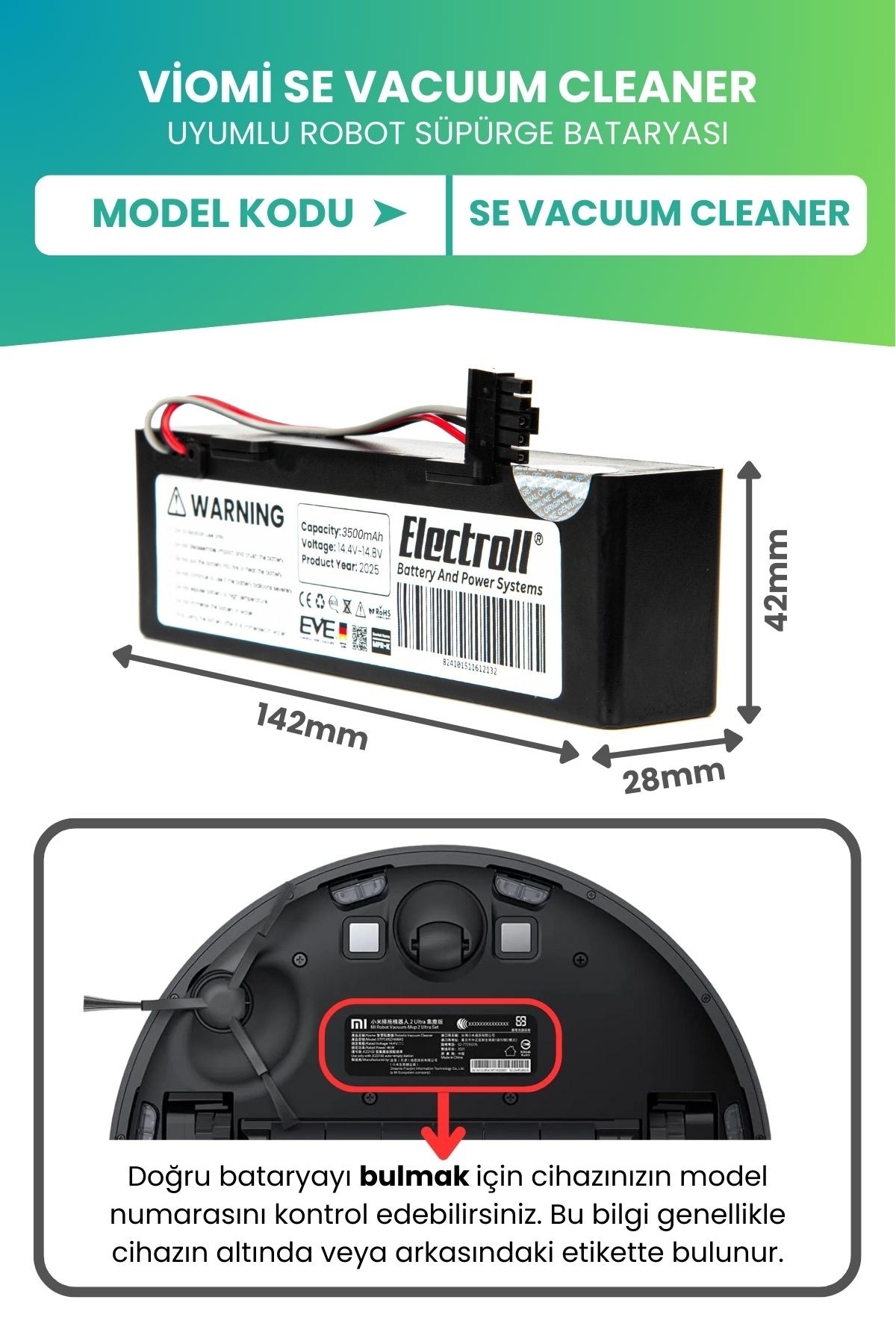 Viomi Se Vacuum Cleaner Uyumlu Batarya (ULTRA YÜKSEK KAPASİTE) 3500mah Kutulu Robot Süpürge Batarya