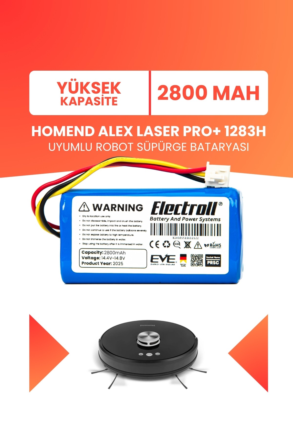 Homend Alex Laser Pro+ 1283H Uyumlu Batarya (YÜKSEK KAPASİTE) 2800mah Pil Robot Süpürge Bataryası
