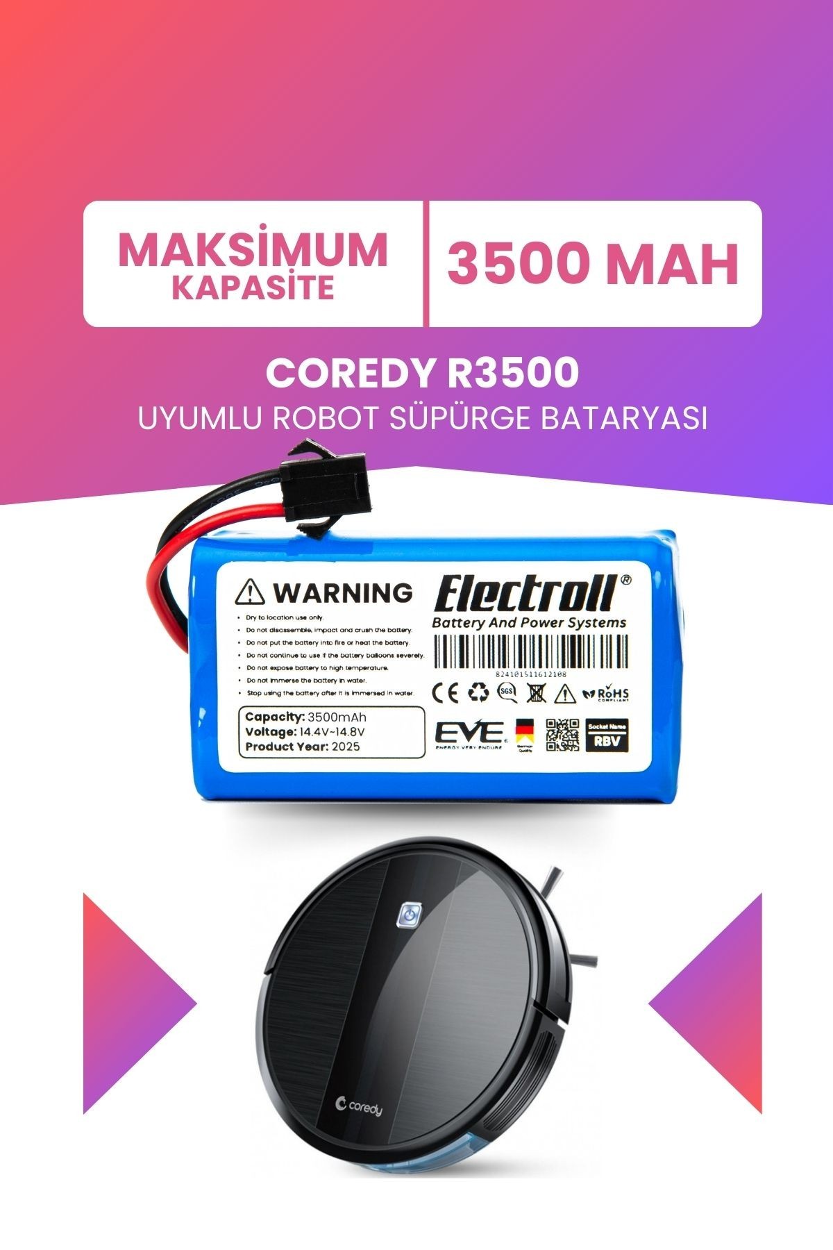 Coredy R3500 Uyumlu Batarya (MAKSİMUM KAPASİTE) 3500mah Pil Akıllı Robot Süpürge Bataryası