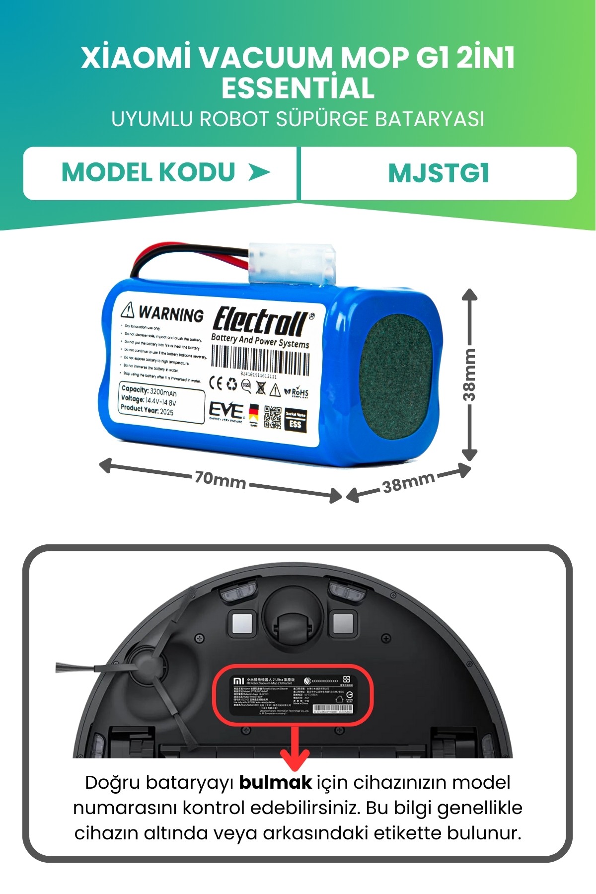 Xiaomi Vacuum Mop G1 2in1 Essential Batarya (YÜKSEK KAPASİTE) 3200mah Robot Süpürge Pili MJSTG1