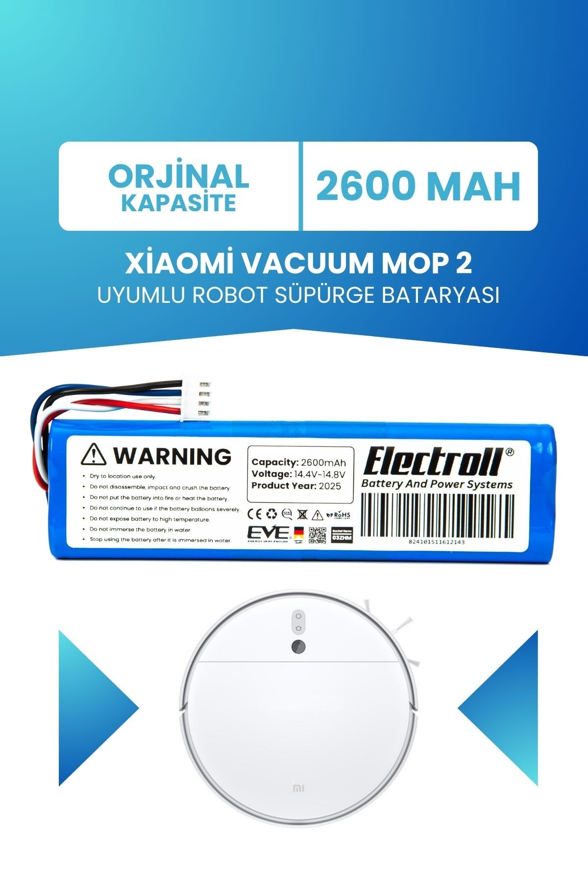 Xiaomi Vacuum Mop 2 Uyumlu Batarya (ORJİNAL KAPASİTE) 2600mah Robot Süpürge Pil Değişimi STYTJ03ZHM
