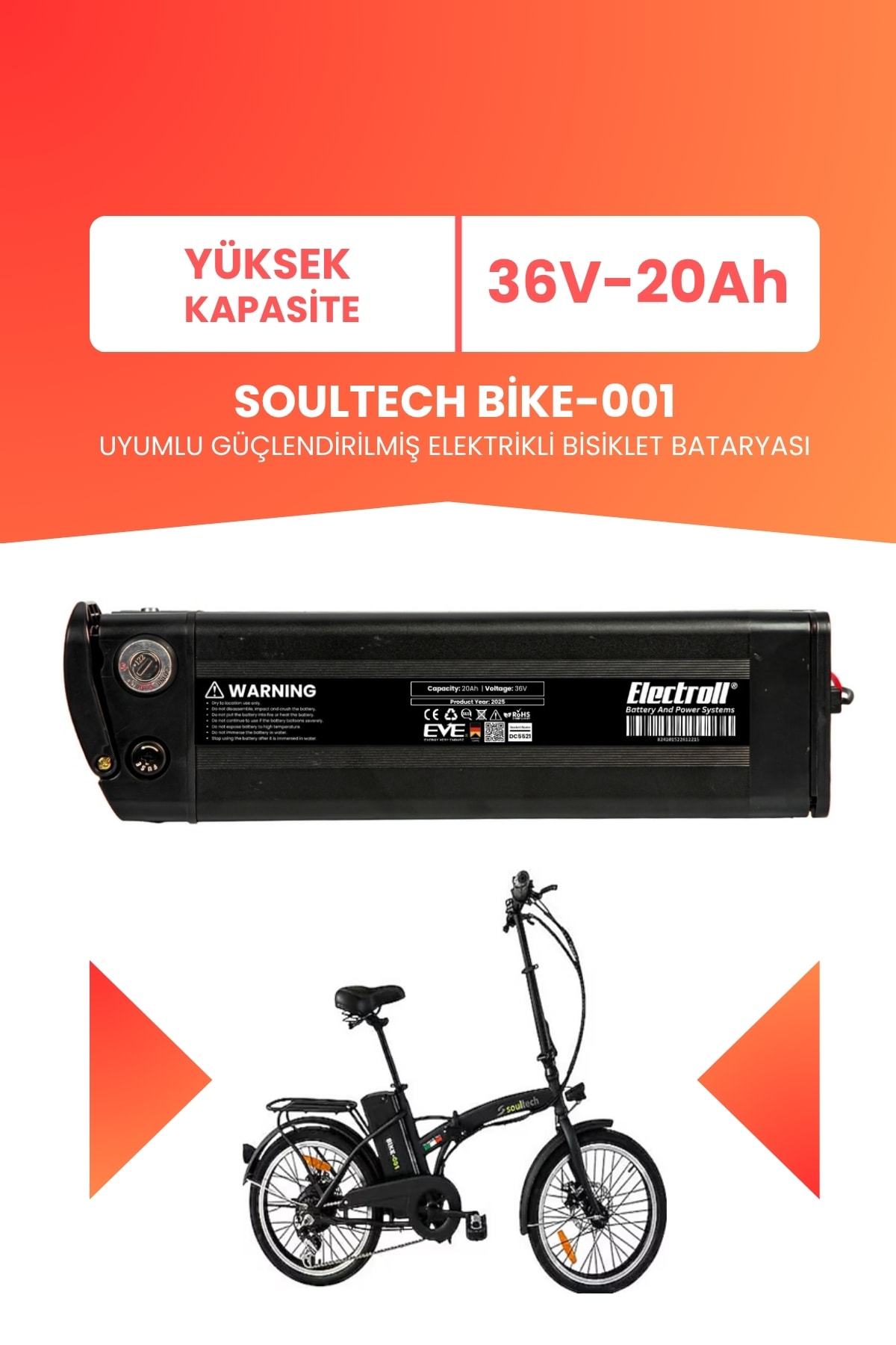 Soultech Bike-001 Uyumlu 36V 20Ah (Yüksek Kapasite) Güçlendirilmiş Elektrikli Bisiklet Batarya Tamir, Revizyon ve Pil Yenileme