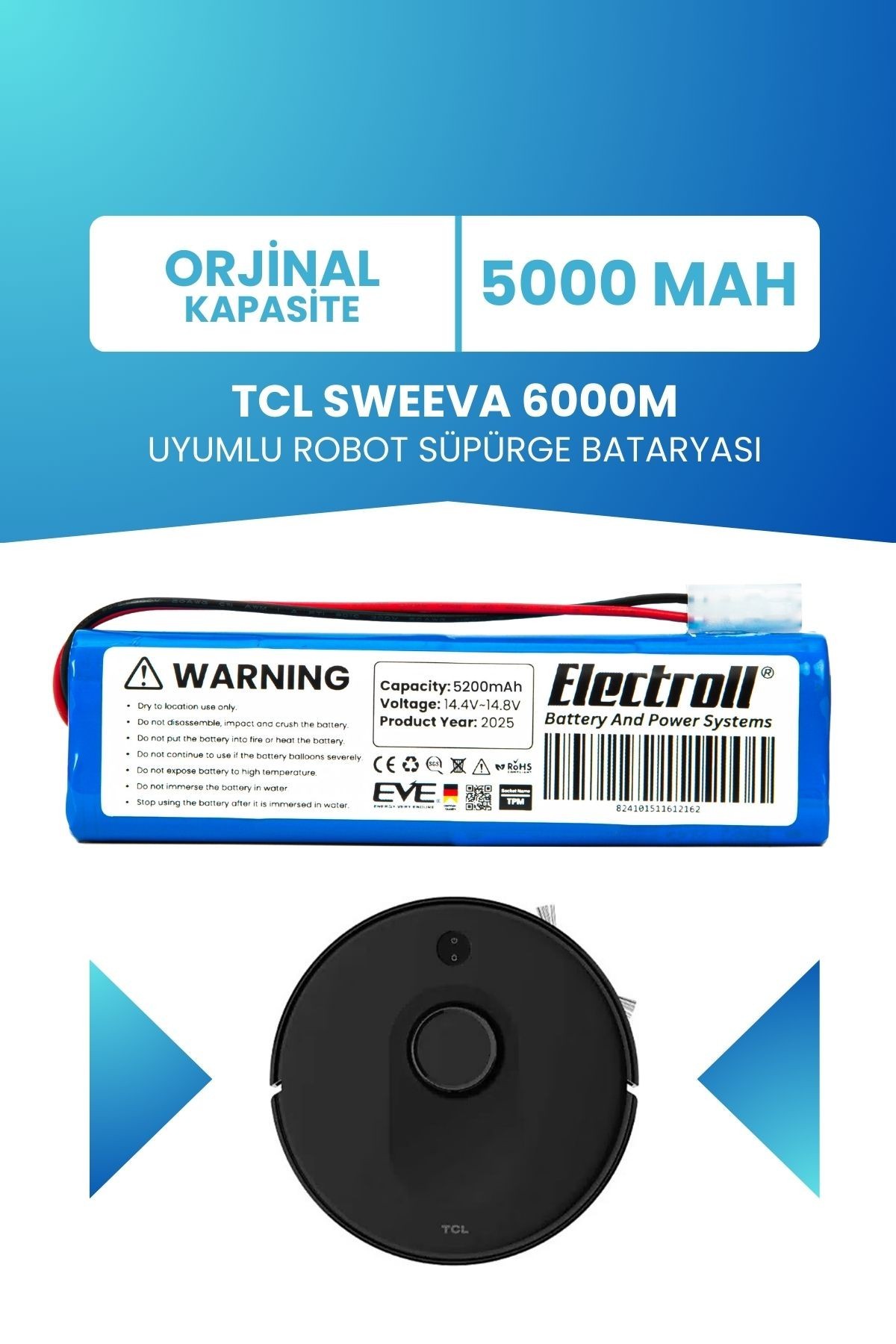 Tcl Sweeva 6000m Uyumlu Batarya (ORJİNAL KAPASİTE) 5000mah Pil Robot Süpürge Bataryası Değişimi