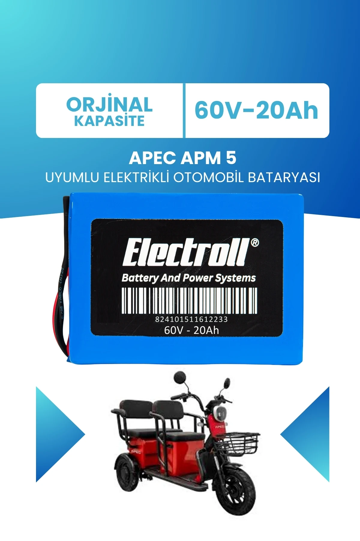 Apec APM 5 Uyumlu Batarya (Standart Kapasite) LiFePO4 60V 20Ah Elektrikli Otomobil Bataryası