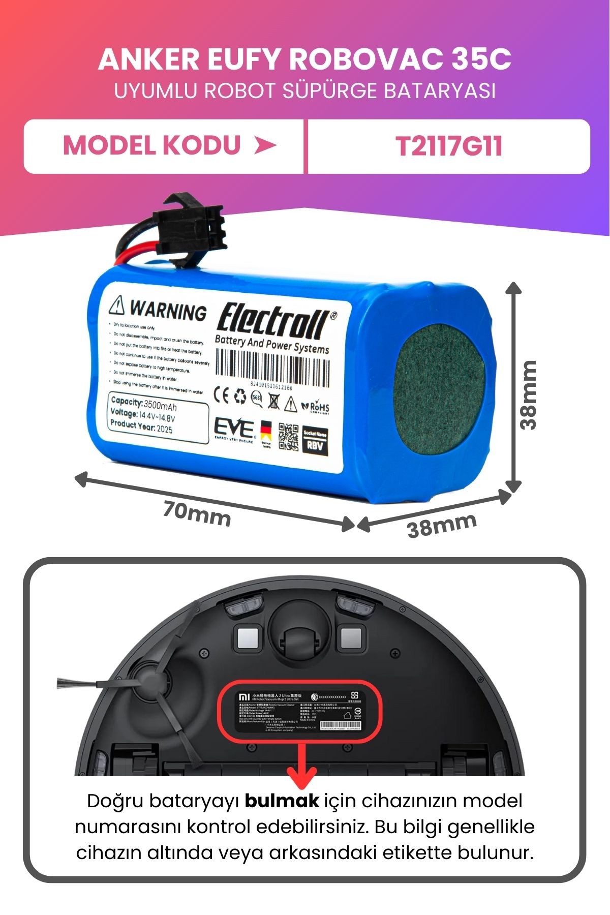 Eufy Robovac 35c Uyumlu Batarya (MAKSİMUM KAPASİTE) 3500mah Robot Süpürge Batarya T2117G11