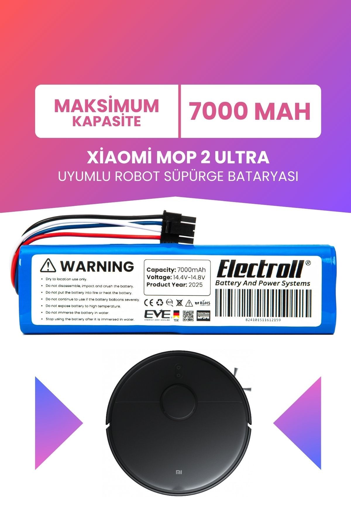 Xiaomi Mop 2 Ultra Uyumlu Batarya (MAKSİMUM KAPASİTE) 7000mah Pil Robot Süpürge Bataryası Değişimi
