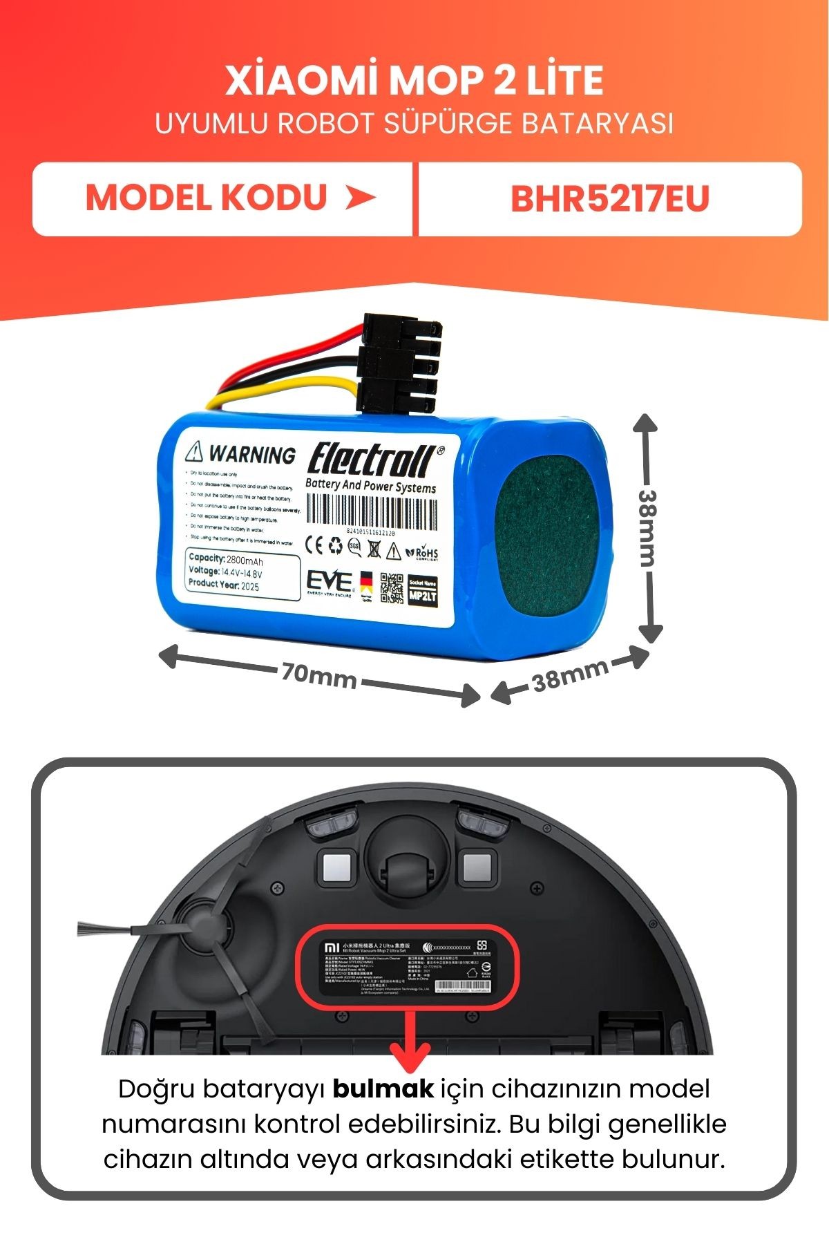 Xiaomi Mop 2 Lite Uyumlu Batarya (YÜKSEK KAPASİTE) 2800mah Pil Robot Süpürge Bataryası BHR5217EU