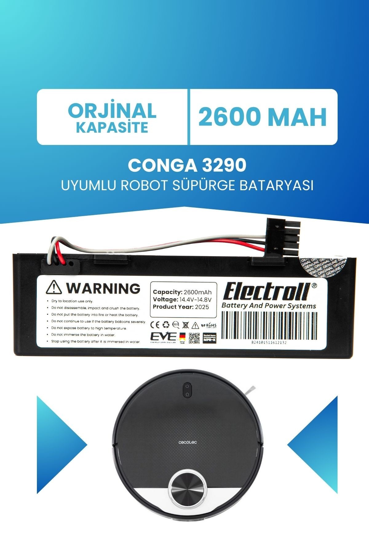 Conga 3290 Uyumlu Batarya (ORJİNAL KAPASİTE) 2600mah Pil Kutulu Robot Süpürge Bataryası Değişimi