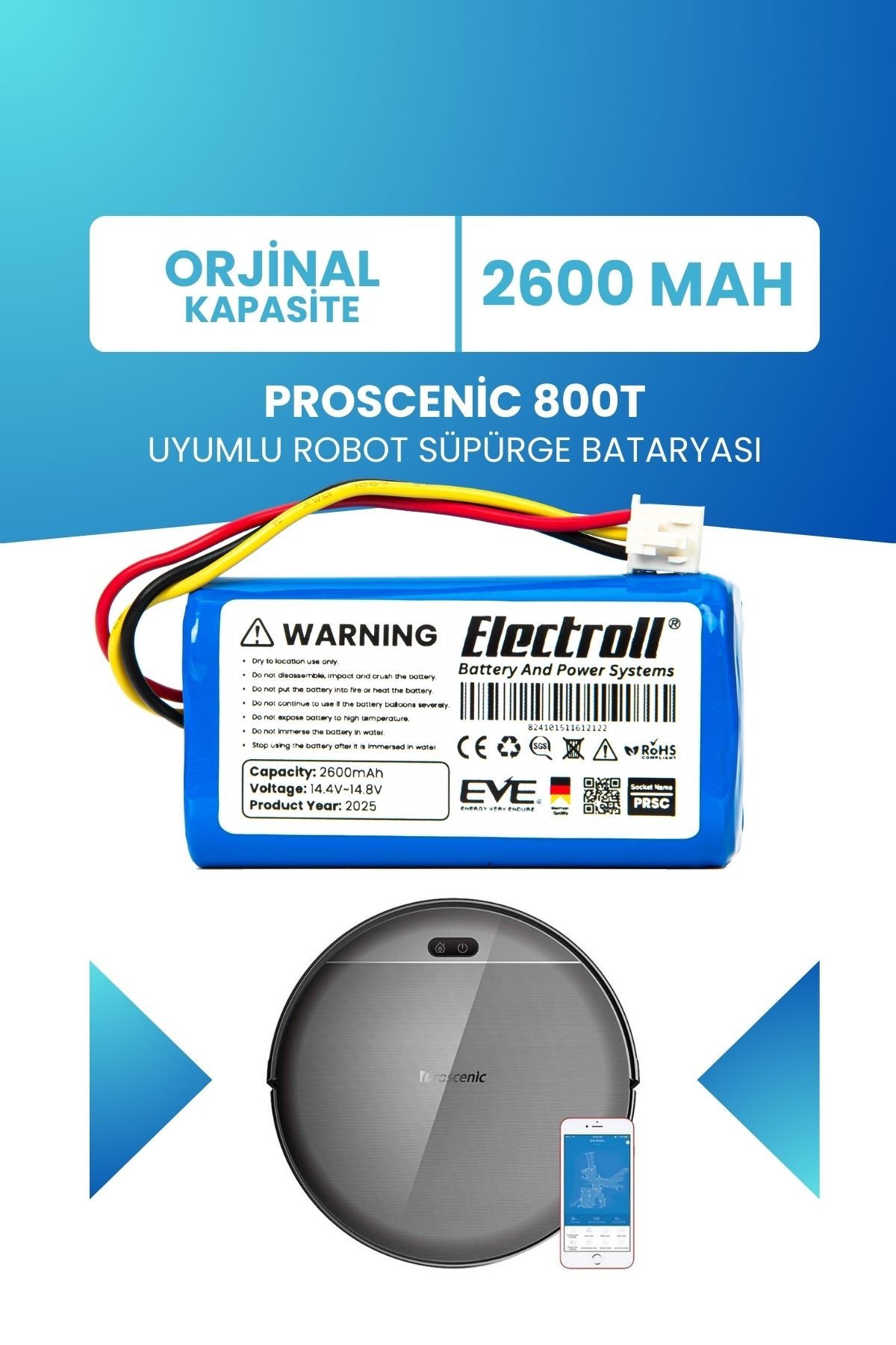 Proscenic 800t Uyumlu Batarya (ORJİNAL KAPASİTE) 2600mah Pil Robot Süpürge Bataryası Değişimi