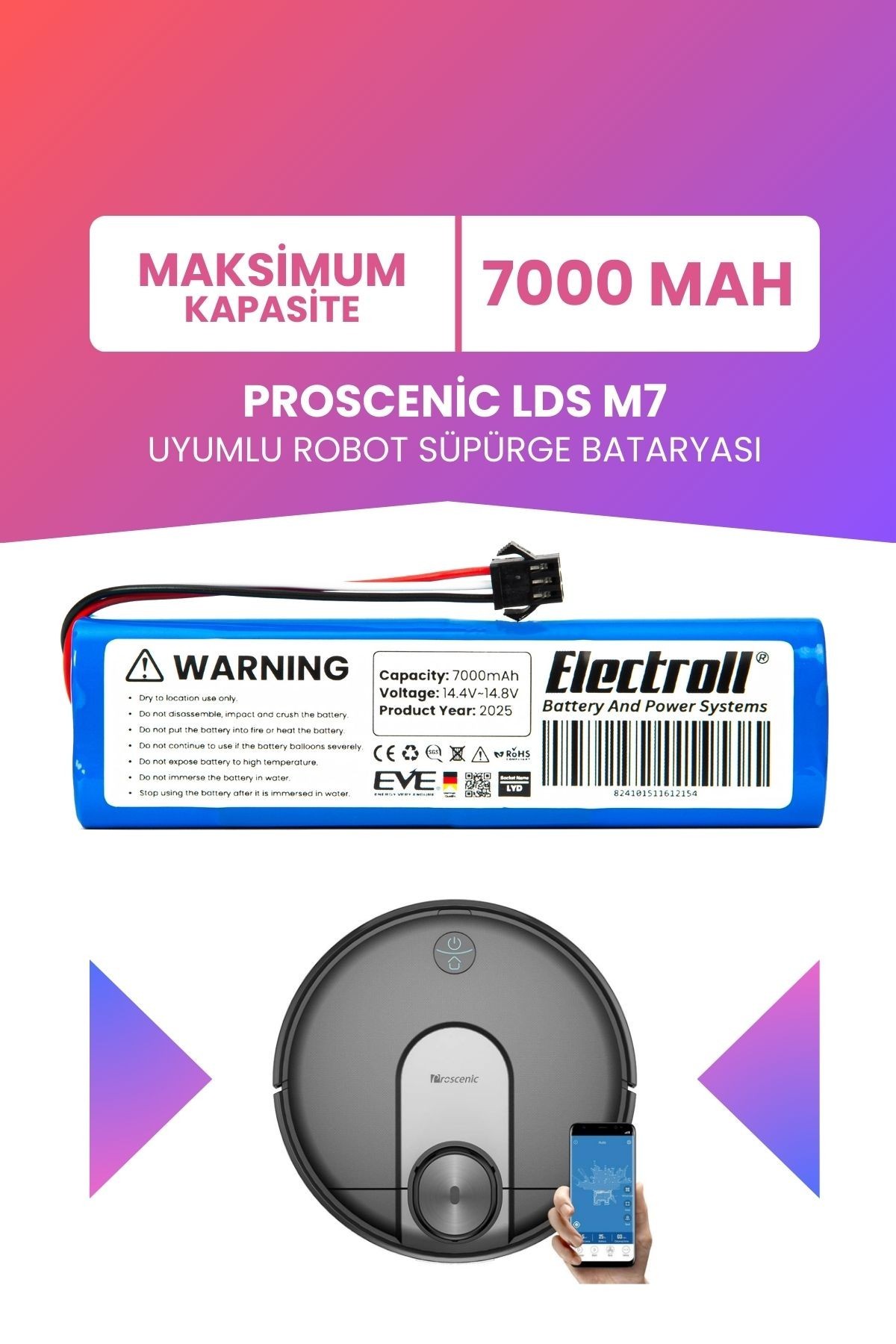 Proscenic LDS M7 Uyumlu Batarya (MAKSİMUM KAPASİTE) 7000mah Pil Robot Süpürge Bataryası Değişimi