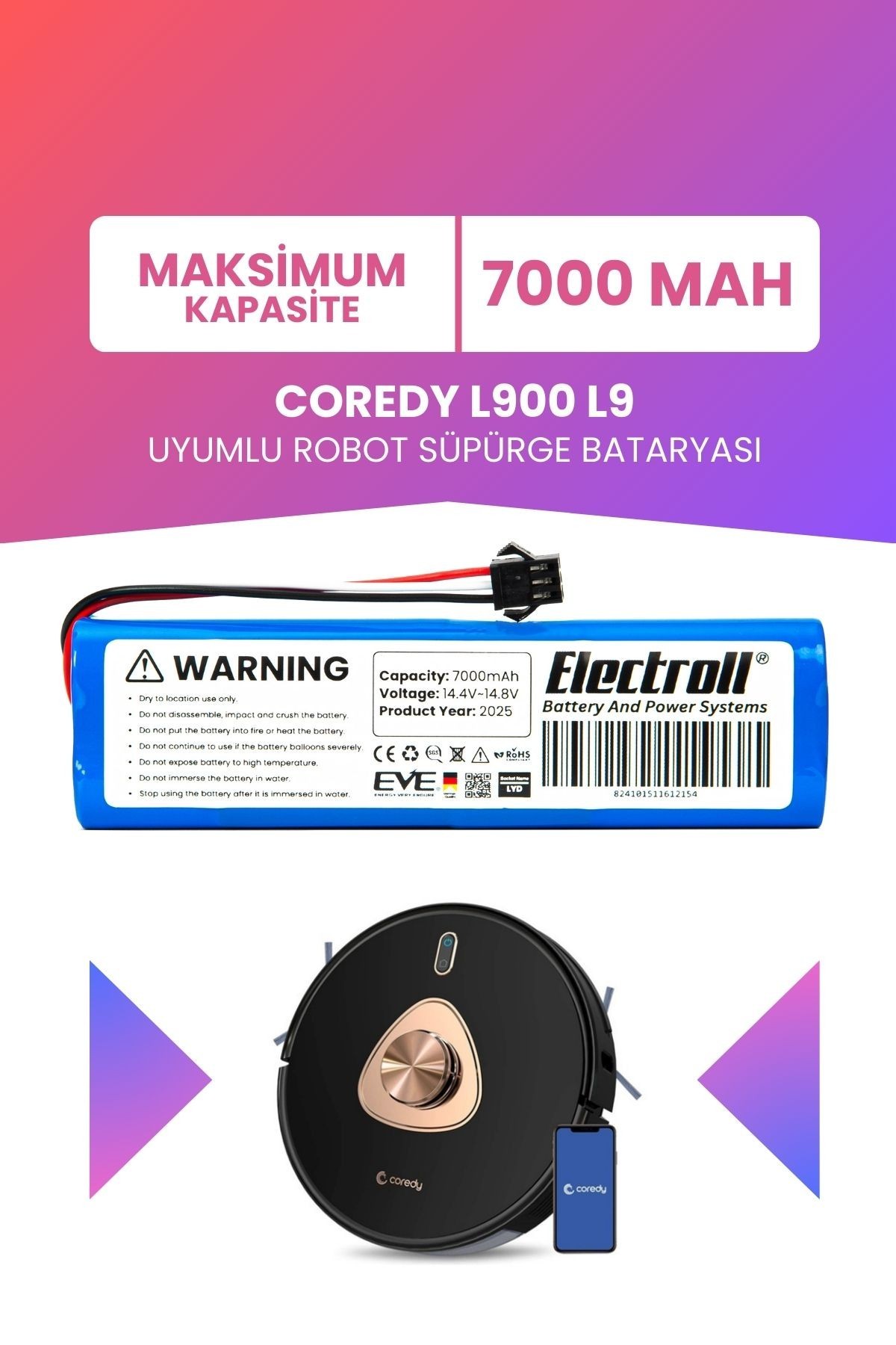 Coredy L900 L9 Uyumlu Batarya (MAKSİMUM KAPASİTE) 7000mah Pil Robot Süpürge Bataryası Değişimi