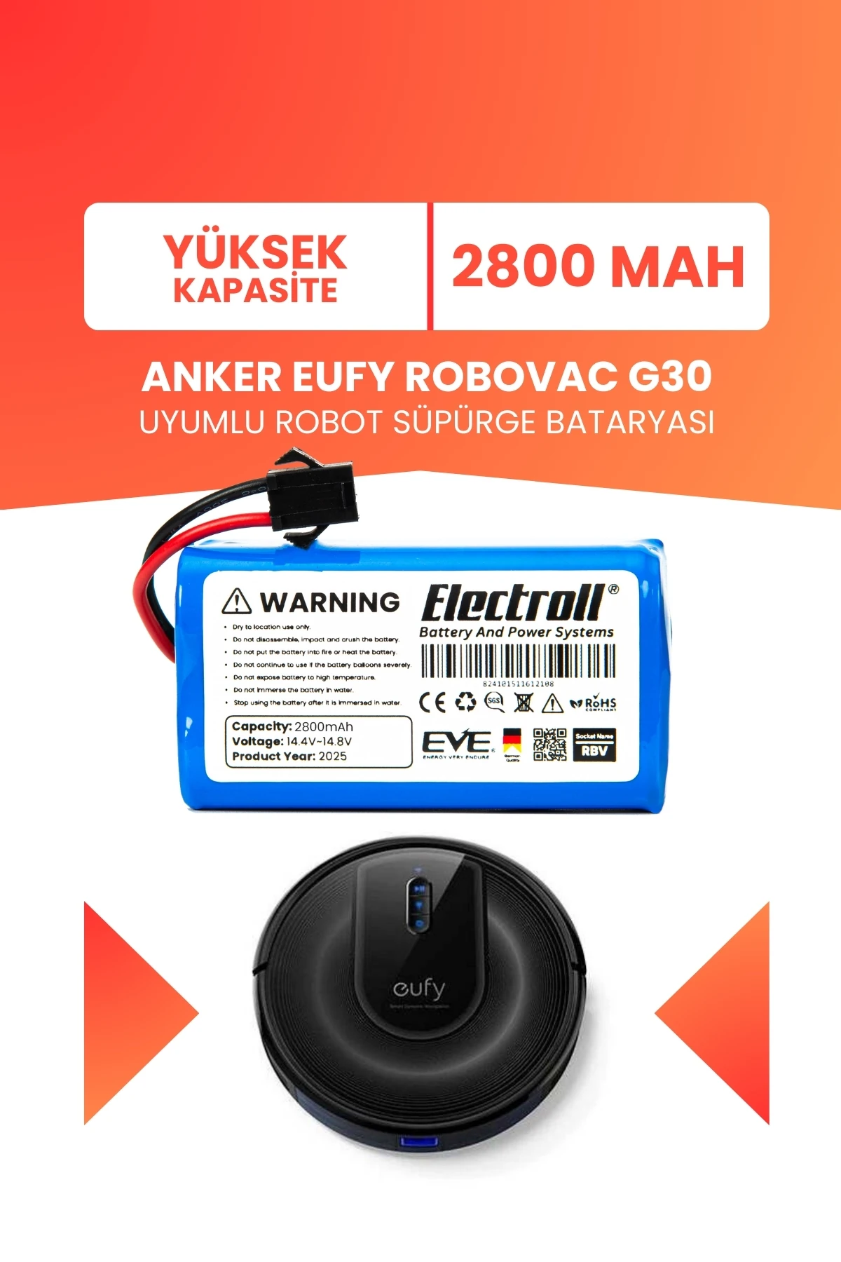 Eufy Robovac G30 Uyumlu Batarya (YÜKSEK KAPASİTE) 2800mah Robot Süpürge Batarya Değişimi
