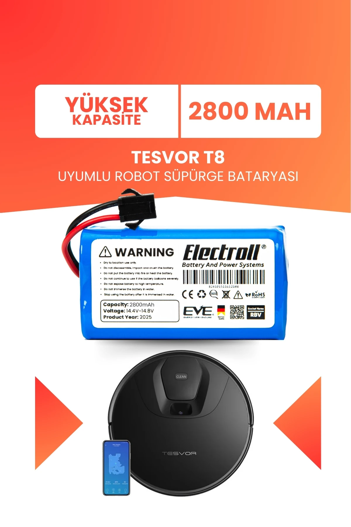 Tesvor T8 Uyumlu Batarya (YÜKSEK KAPASİTE) 2800mah Pil Robot Süpürge Bataryası