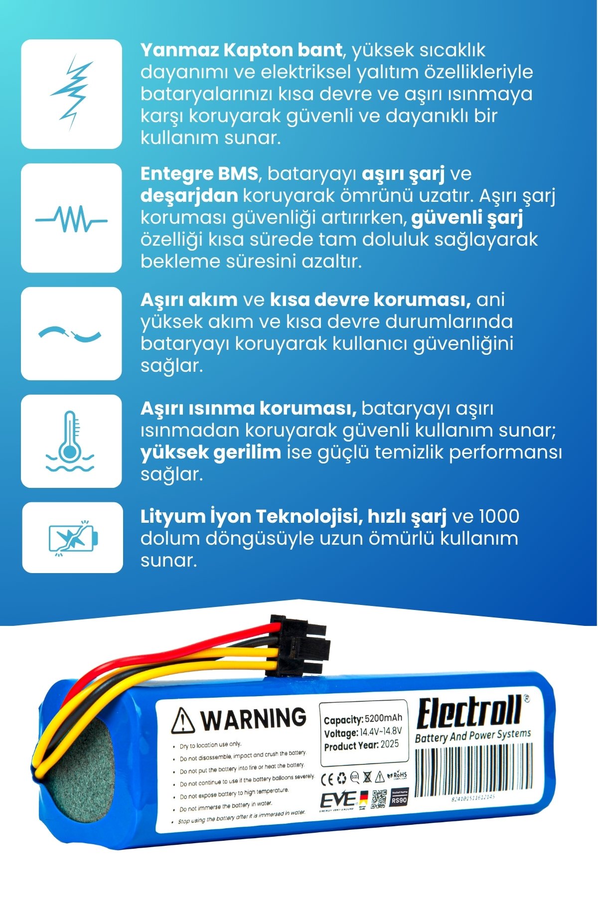 Arçelik Imperium Robo Rs 9034 Hm Uyumlu Batarya (STANDART KAPASİTE) 5200mah Robot Süpürge Bataryası