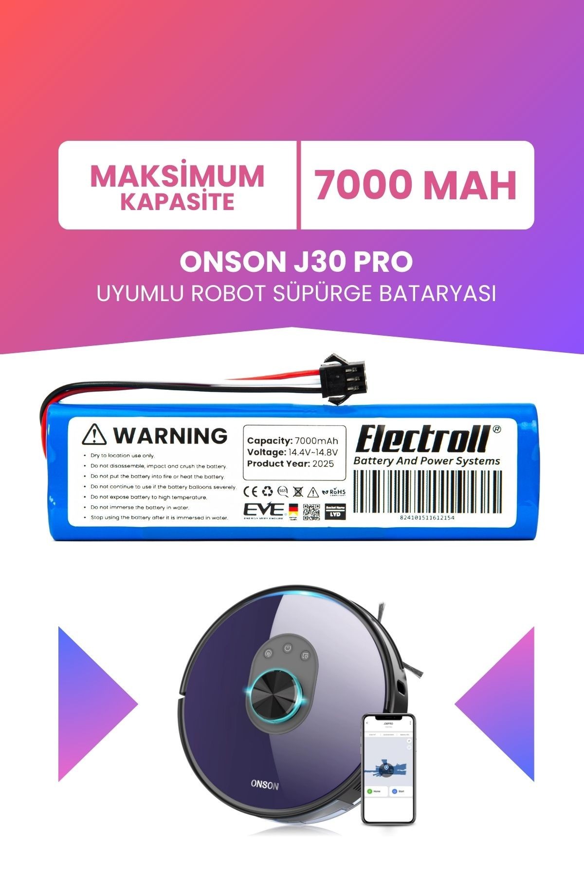 Onson J30 Pro Uyumlu Batarya (MAKSİMUM KAPASİTE) 7000mah Pil Robot Süpürge Bataryası Değişimi