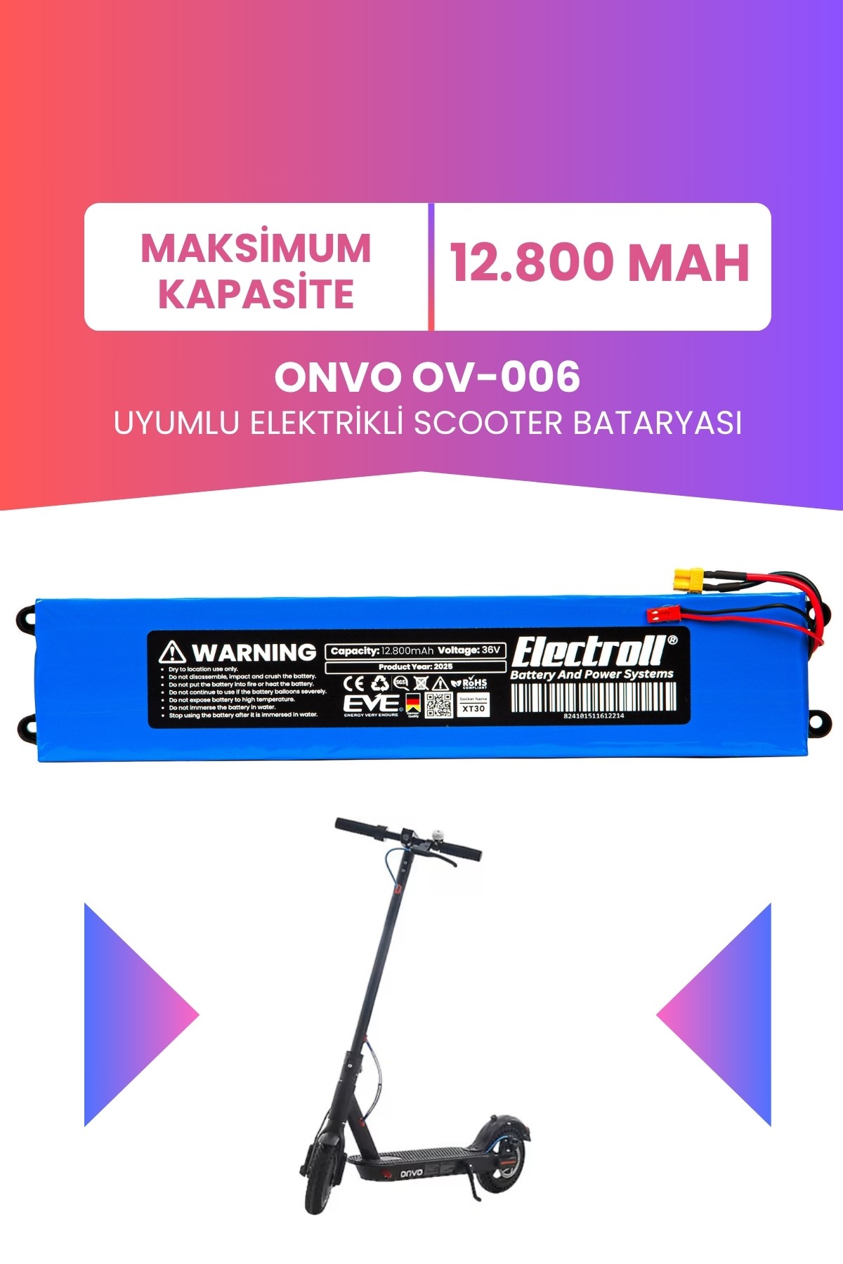 Onvo Ov-006 Uyumlu Batarya (Maksimum Kapasite) 36v 12.800Mah Elektrikli Scooter Bataryası