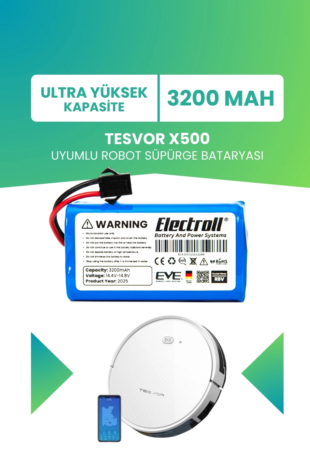 Tesvor X500 Uyumlu Batarya (ULTRA YÜKSEK KAPASİTE) 3200mah Pil Robot Süpürge Bataryası