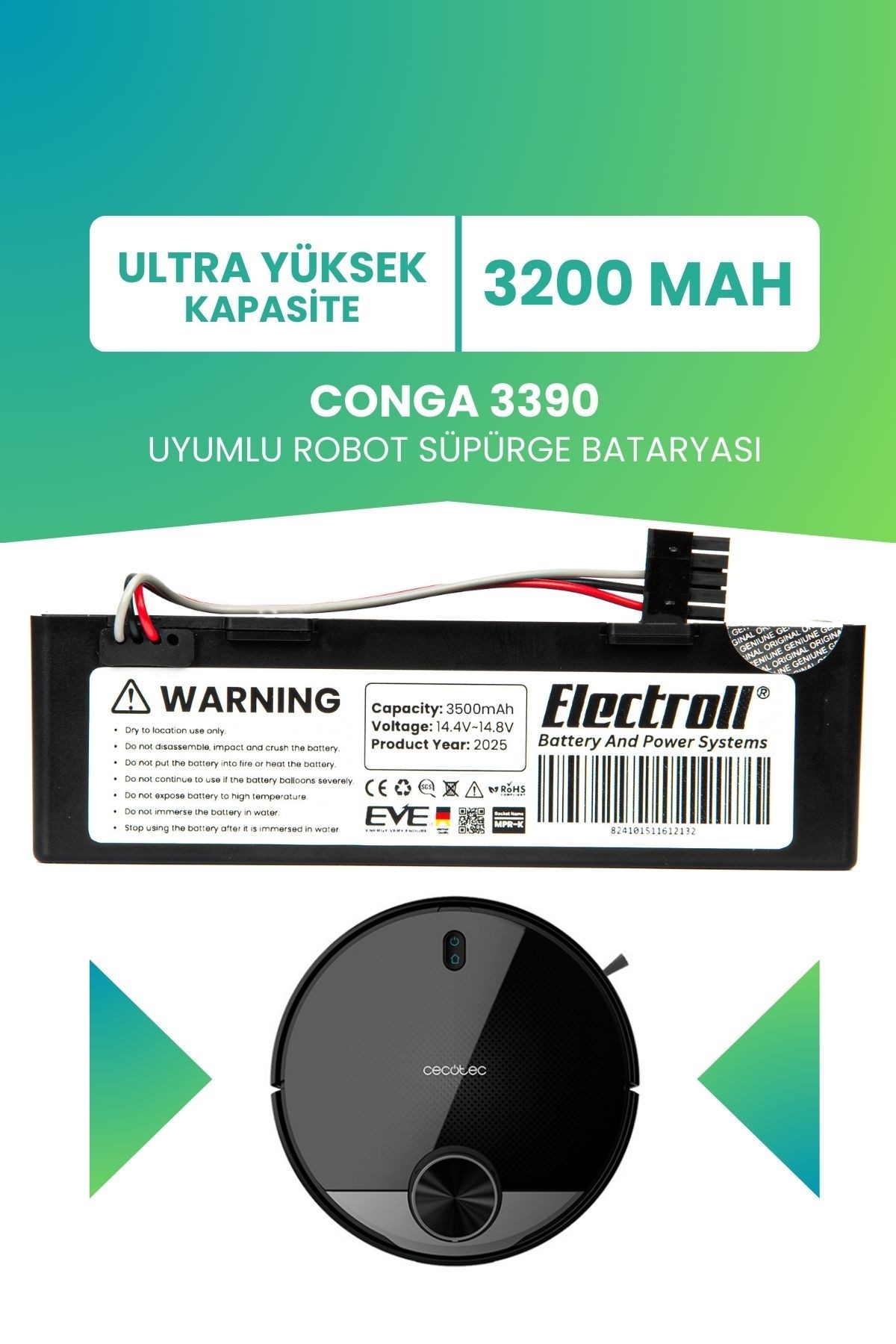 Conga 3390 Uyumlu Batarya (ULTRA YÜKSEK KAPASİTE) 3200mah Kutulu Robot Süpürge Bataryası Değişimi