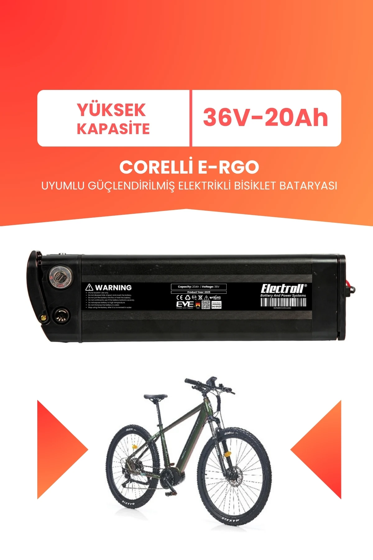 Corelli E-Rgo Uyumlu 36V 20Ah (Yüksek Kapasite) Güçlendirilmiş Elektrikli Bisiklet Batarya Tamir, Revizyon ve Pil Yenileme