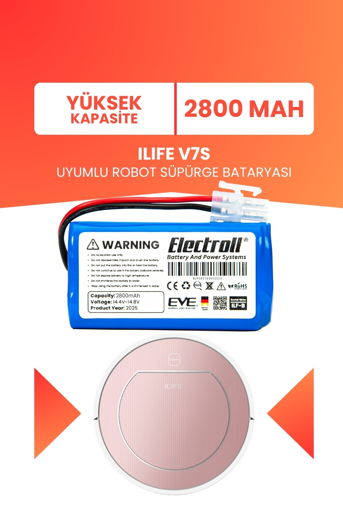 Ilıfe V7s Uyumlu Batarya (YÜKSEK KAPASİTE) 2800mah Pil Robot Süpürge Bataryası
