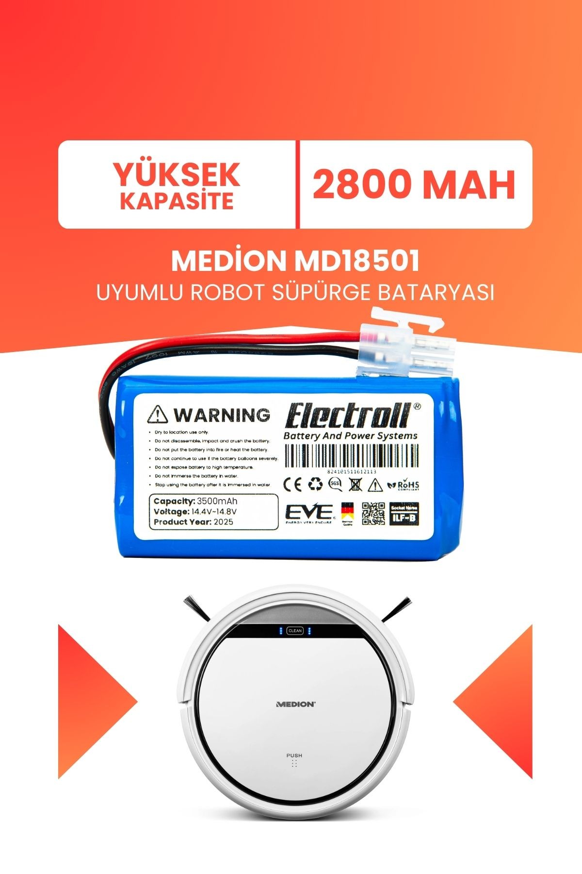 Medion MD18501 Uyumlu Batarya (YÜKSEK KAPASİTE) 2800mah Pil Robot Süpürge Bataryası