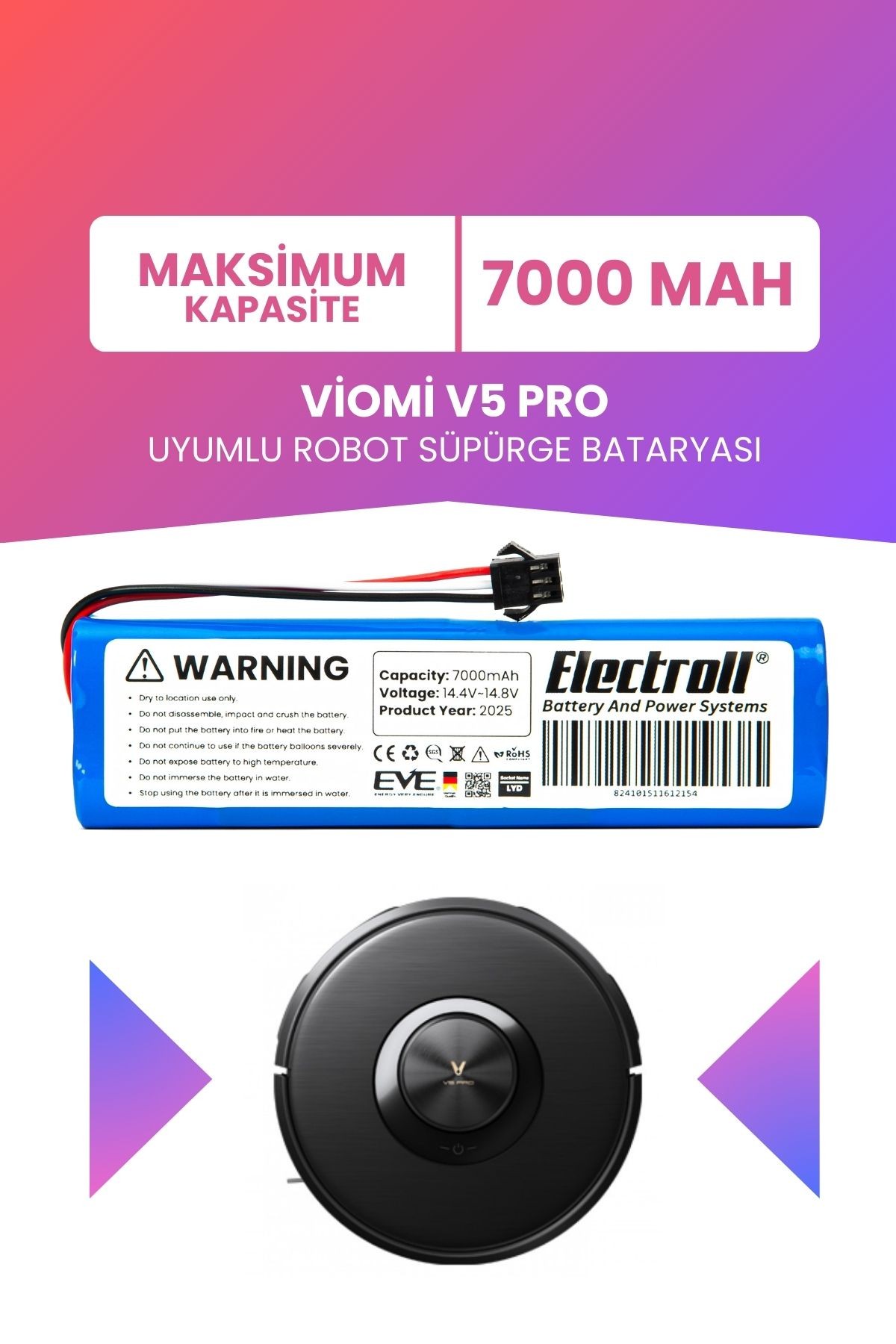 Viomi V5 Pro Uyumlu Batarya (MAKSİMUM KAPASİTE) 7000mah Pil Robot Süpürge Bataryası Değişimi