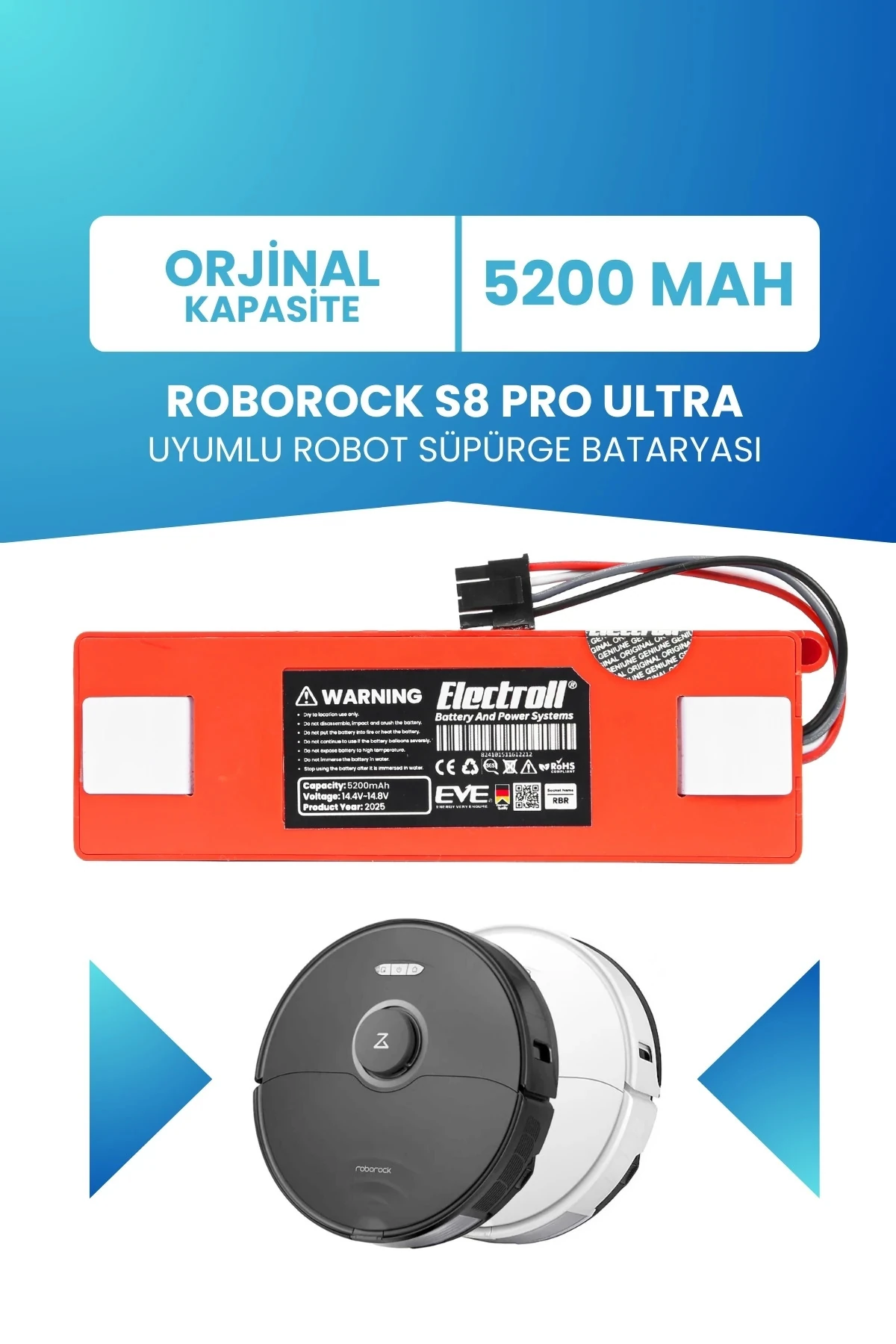 Roborock S8 Pro Ultra Uyumlu Batarya (STANDART KAPASİTE) 5200mah Pil Robot Süpürge Batarya Değişimi