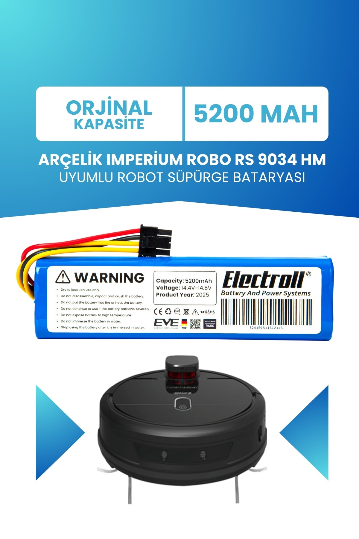 Arçelik Imperium Robo Rs 9034 Hm Uyumlu Batarya (STANDART KAPASİTE) 5200mah Robot Süpürge Bataryası