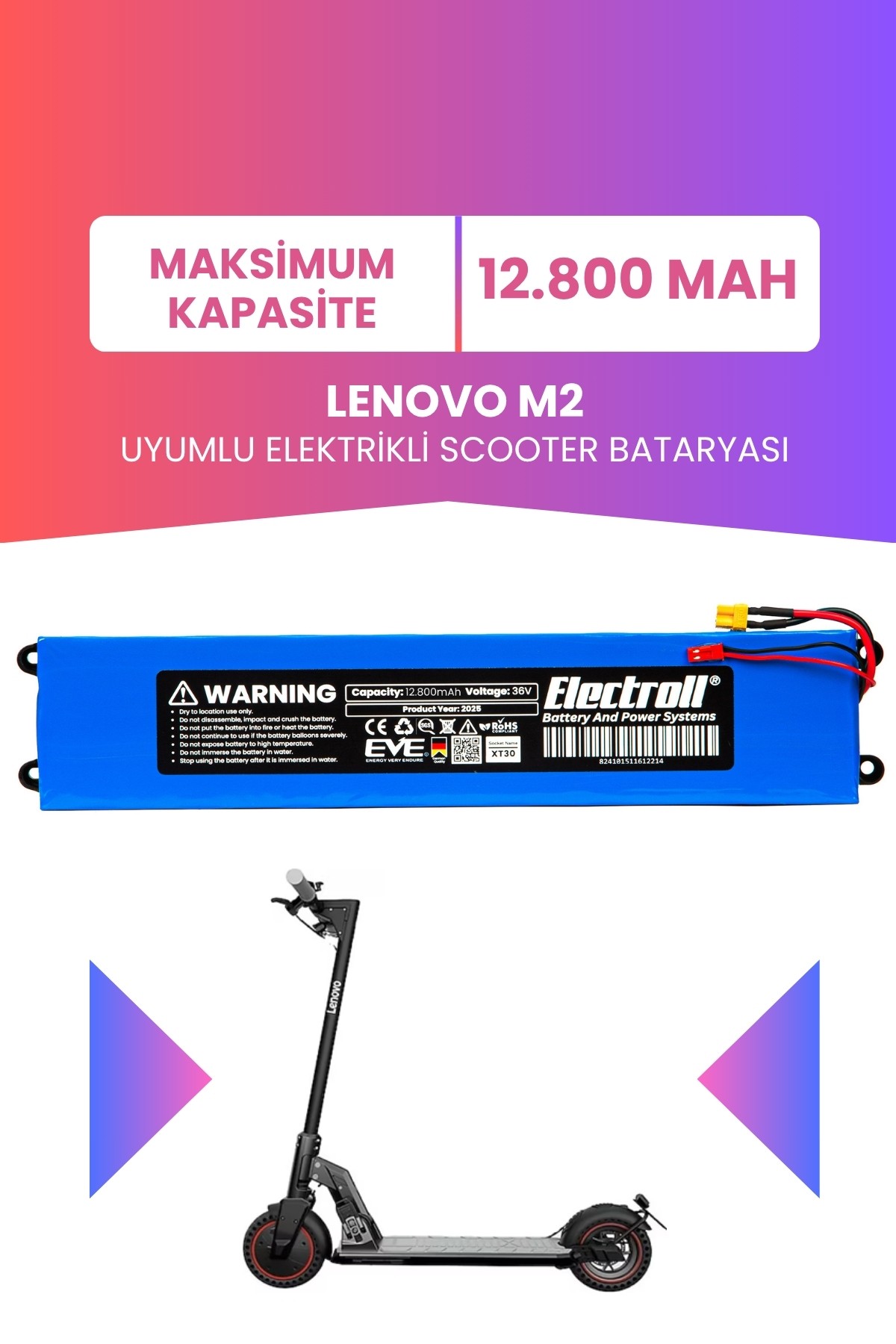 Lenovo M2 Uyumlu Batarya (Maksimum Kapasite) 36v 12.800Mah Elektrikli Scooter Bataryası