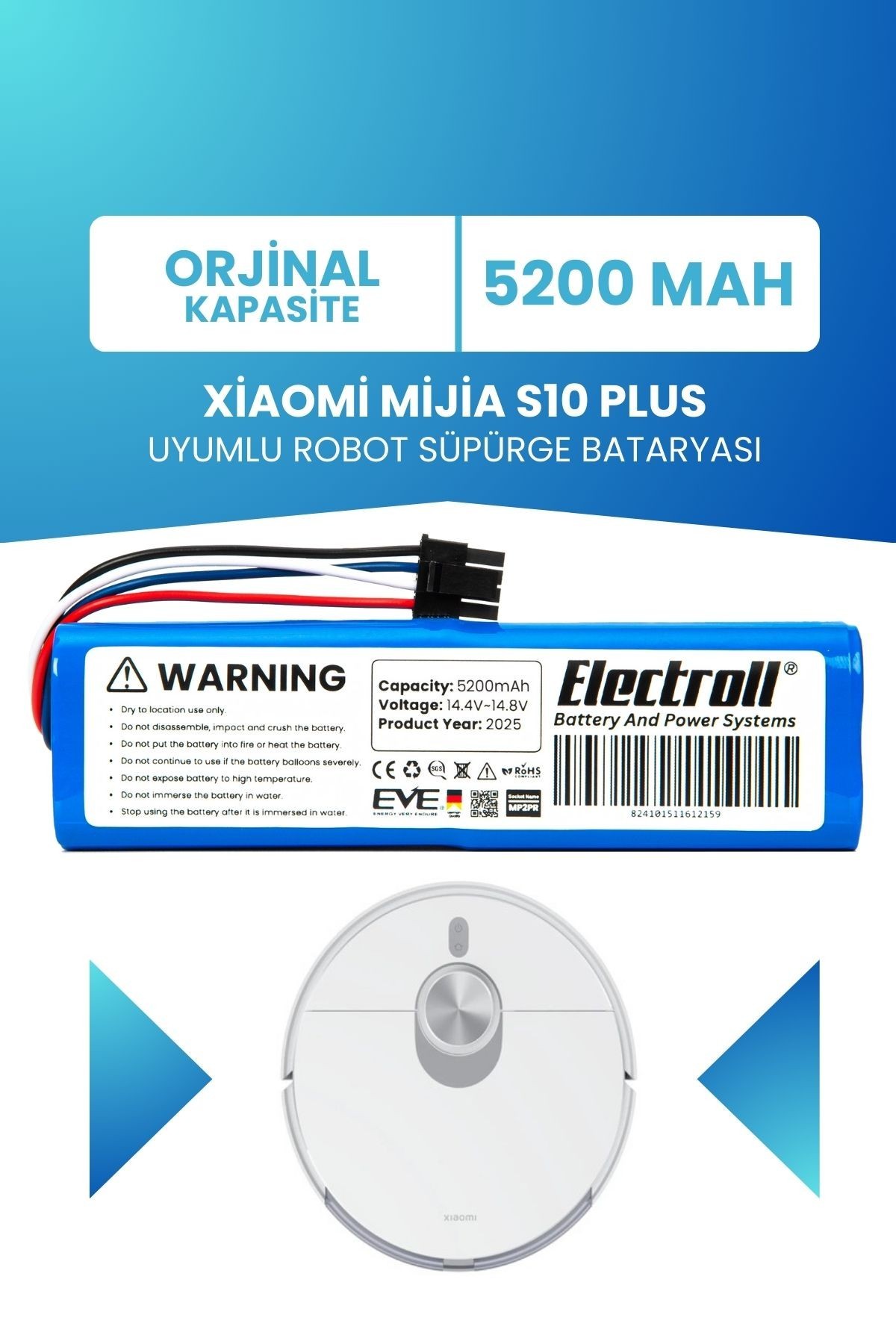 Xiaomi Mijia S10 Plus Uyumlu Batarya (ORJİNAL KAPASİTE) 5200mah Pil Robot Süpürge Bataryası