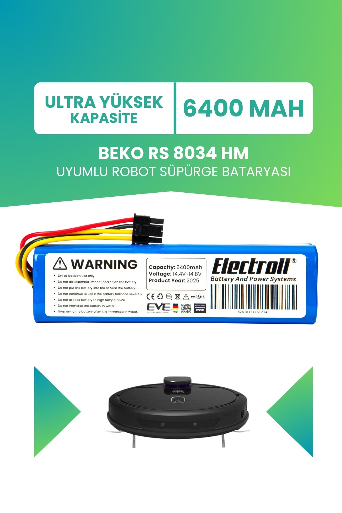 Beko Rs 8034 Hm Uyumlu Batarya (ULTRA YÜKSEK KAPASİTE) 6400mah Robot Süpürge Bataryası