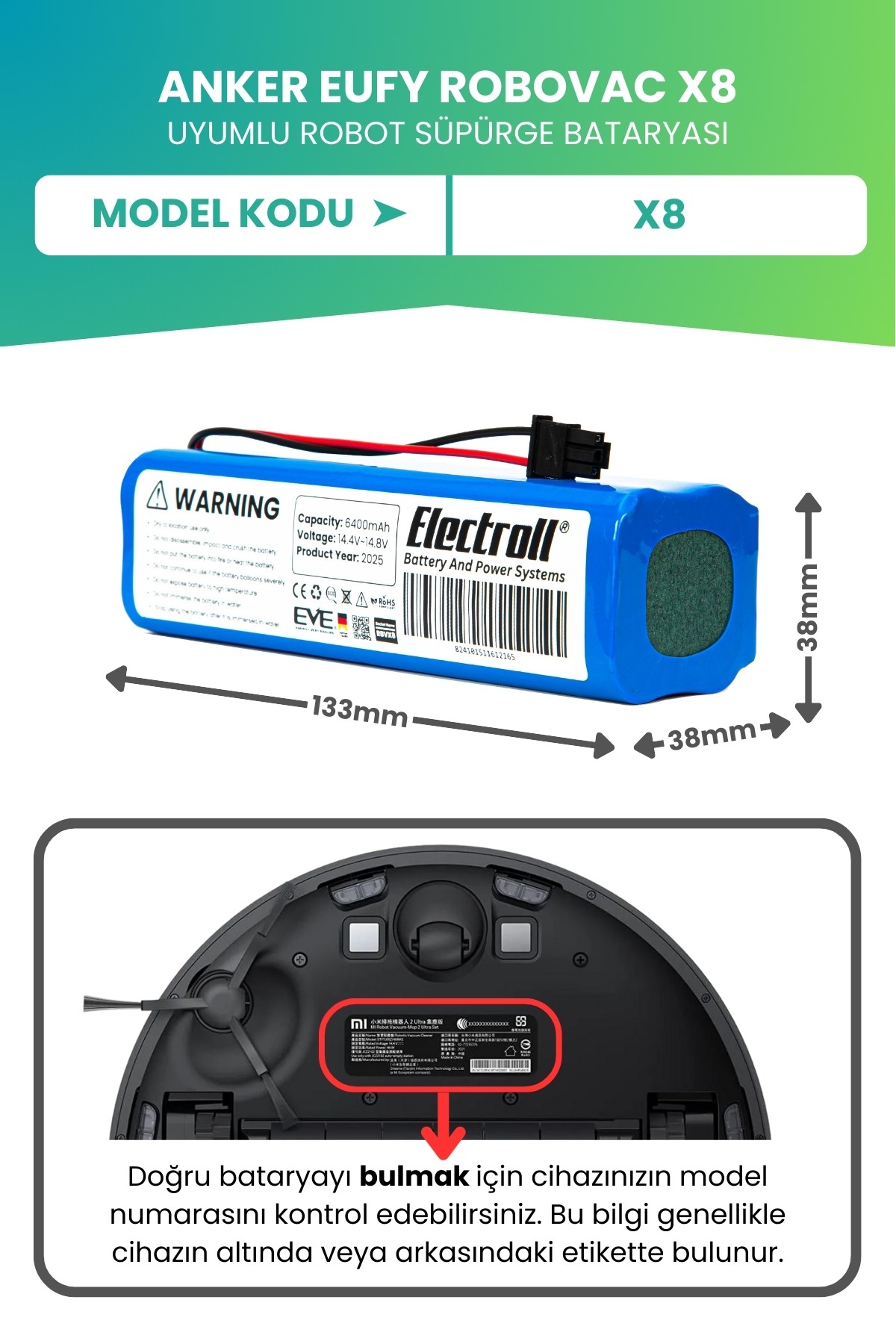 Anker Eufy Robovac X8 Hybrid Uyumlu Batarya (ULTRA YÜKSEK KAPASİTE) 6400mah Pil Süpürge Batarya