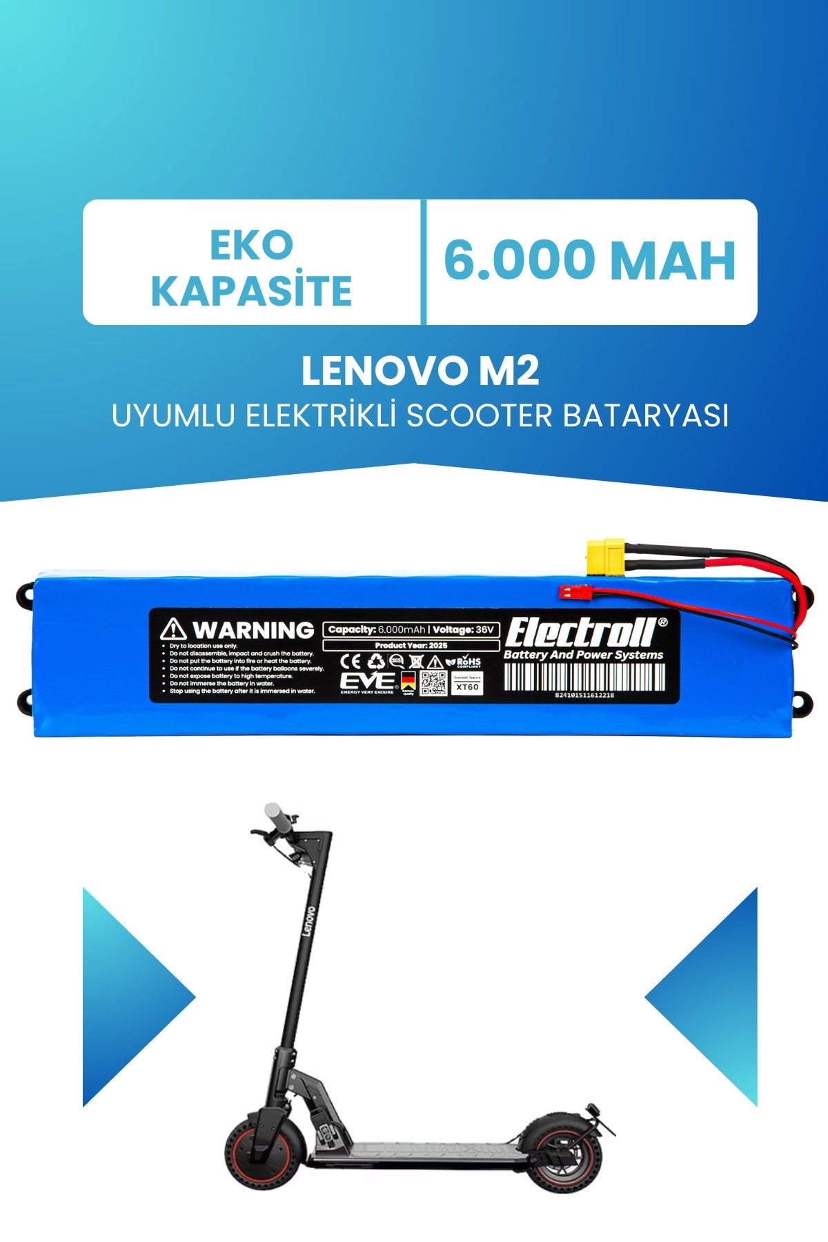 Lenovo M2 Uyumlu Batarya (Eko Kapasite) 36v 6.000Mah Elektrikli Scooter Bataryası